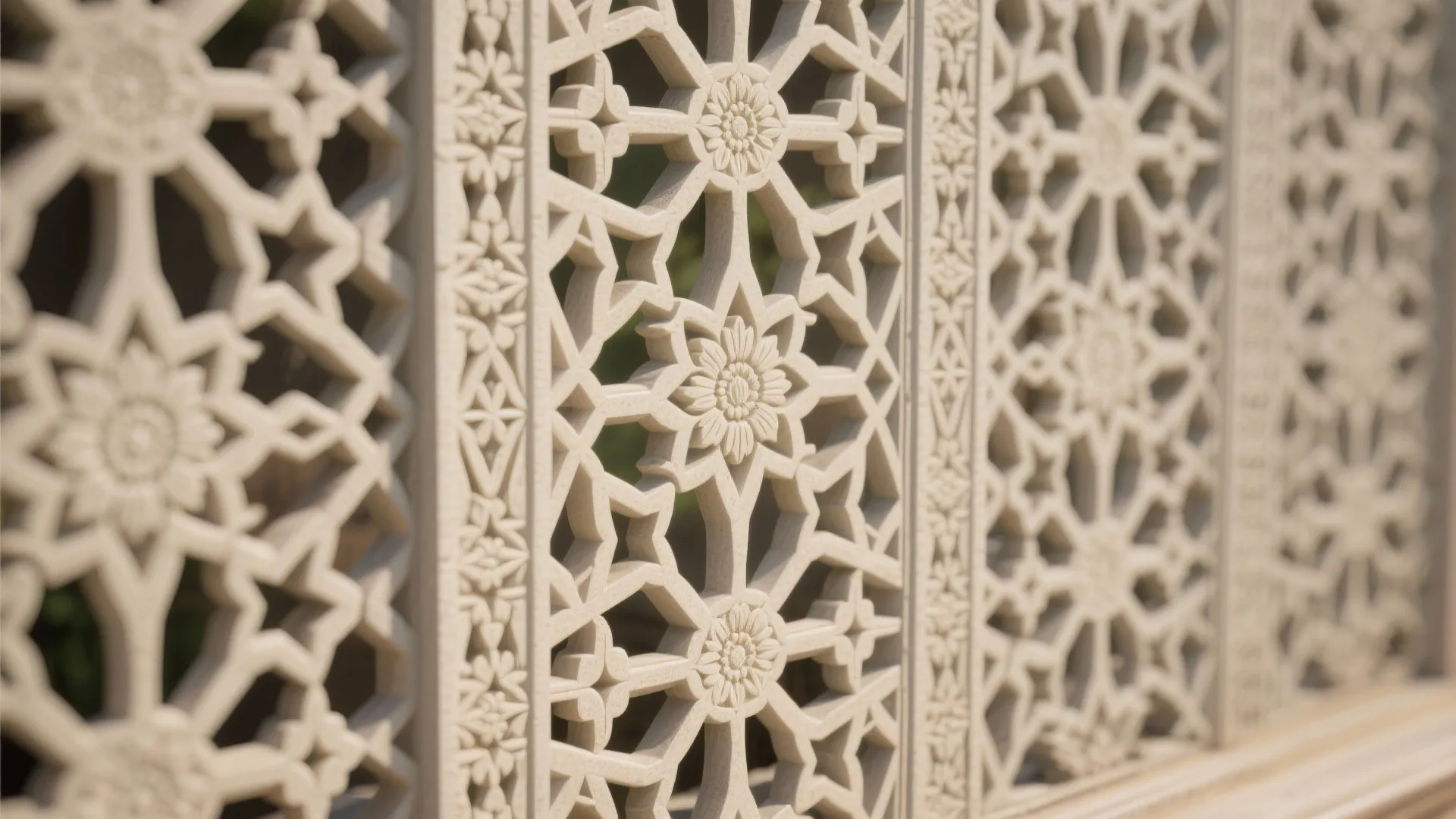 Close-up view of intricate Indian jali lattice wall panels