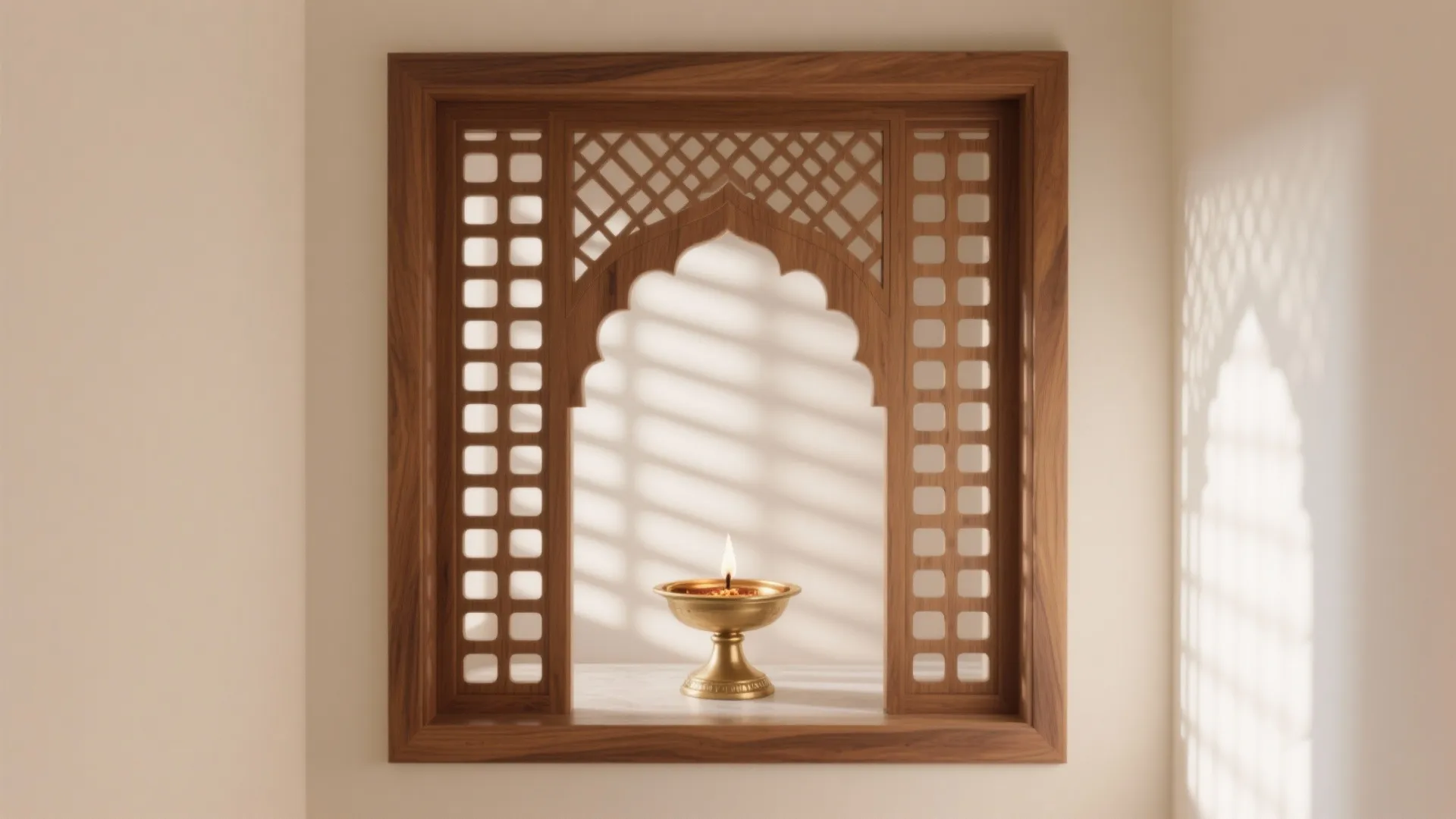 A brass oil lamp burning inside a carved wooden wall frame with light and shadow patterns