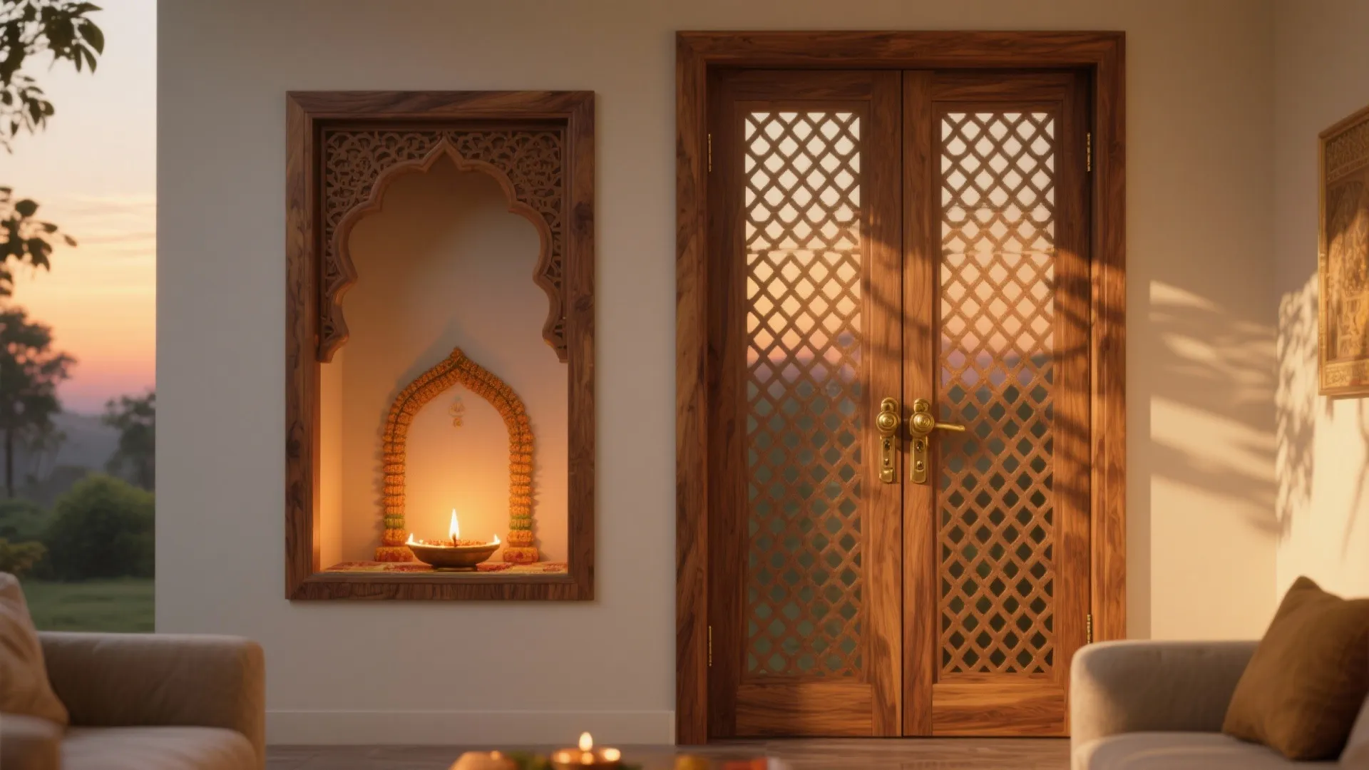 Carved wood double doors with grid patterns next to a wall niche and warm lighting