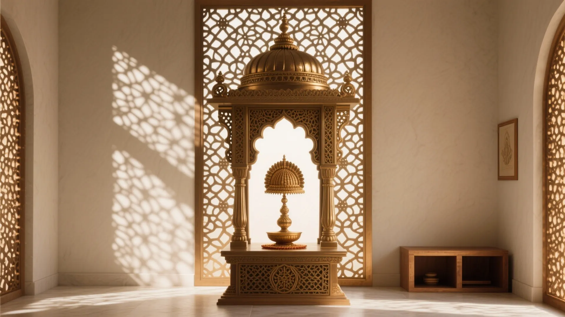 Ornate golden home temple with intricate patterns on a white wall in a bright room