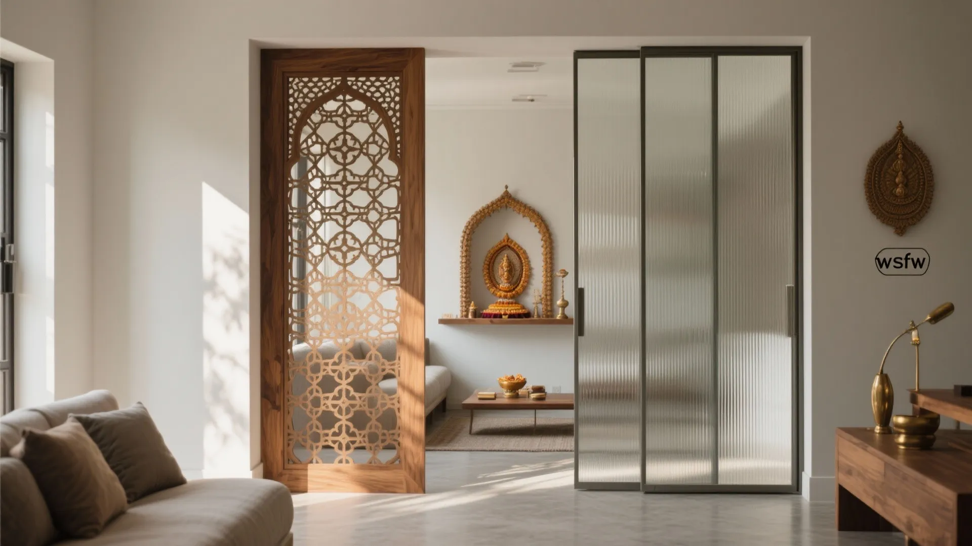 Living room featuring a carved wood wall panel next to fluted glass sliding room doors