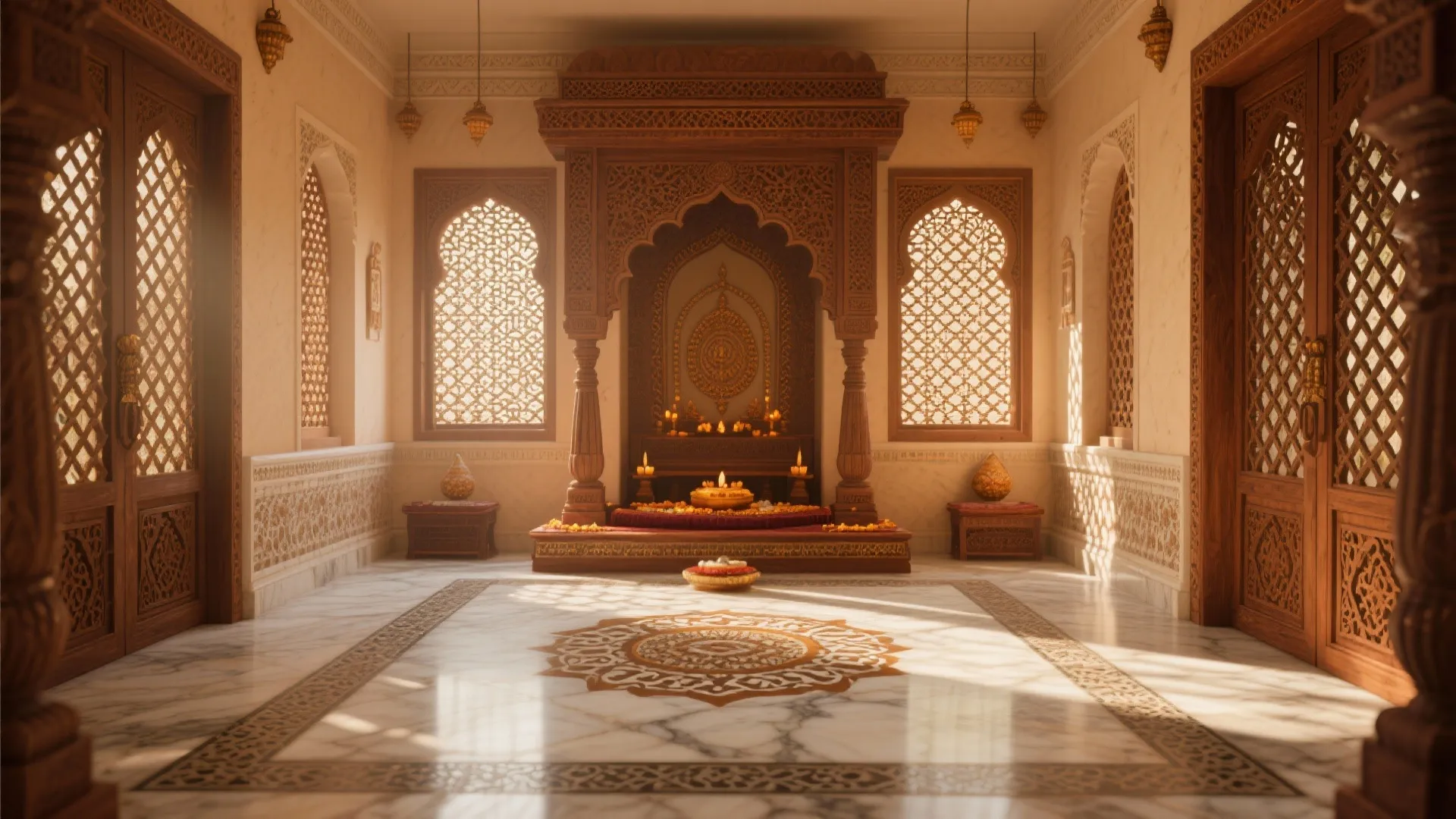 Luxury marble prayer room with carved wood wall panels arched doorway and hanging small ceiling lights