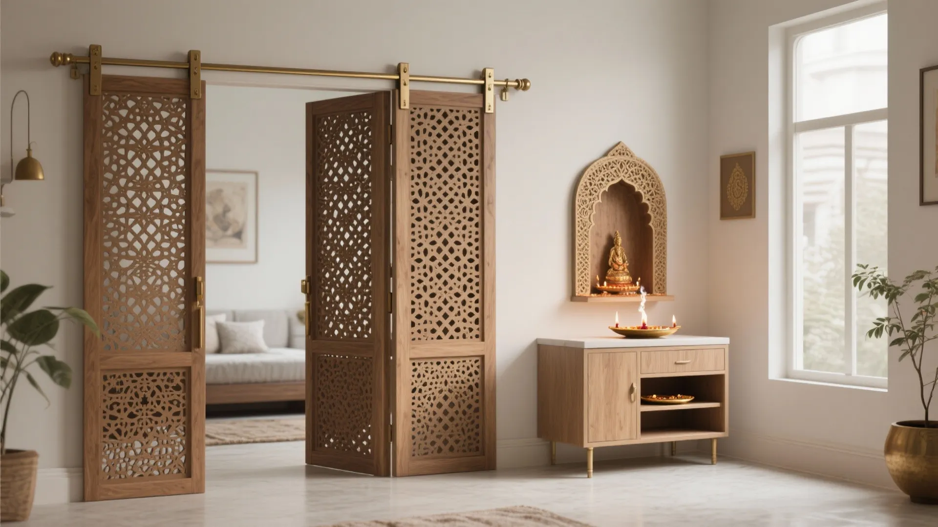 Carved jali screen with hidden storage