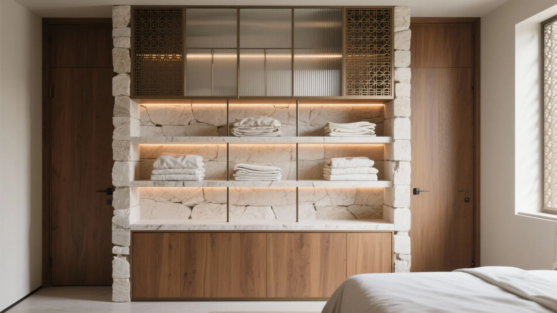 3) Open Stone Shelves with Jali or Glass Doors