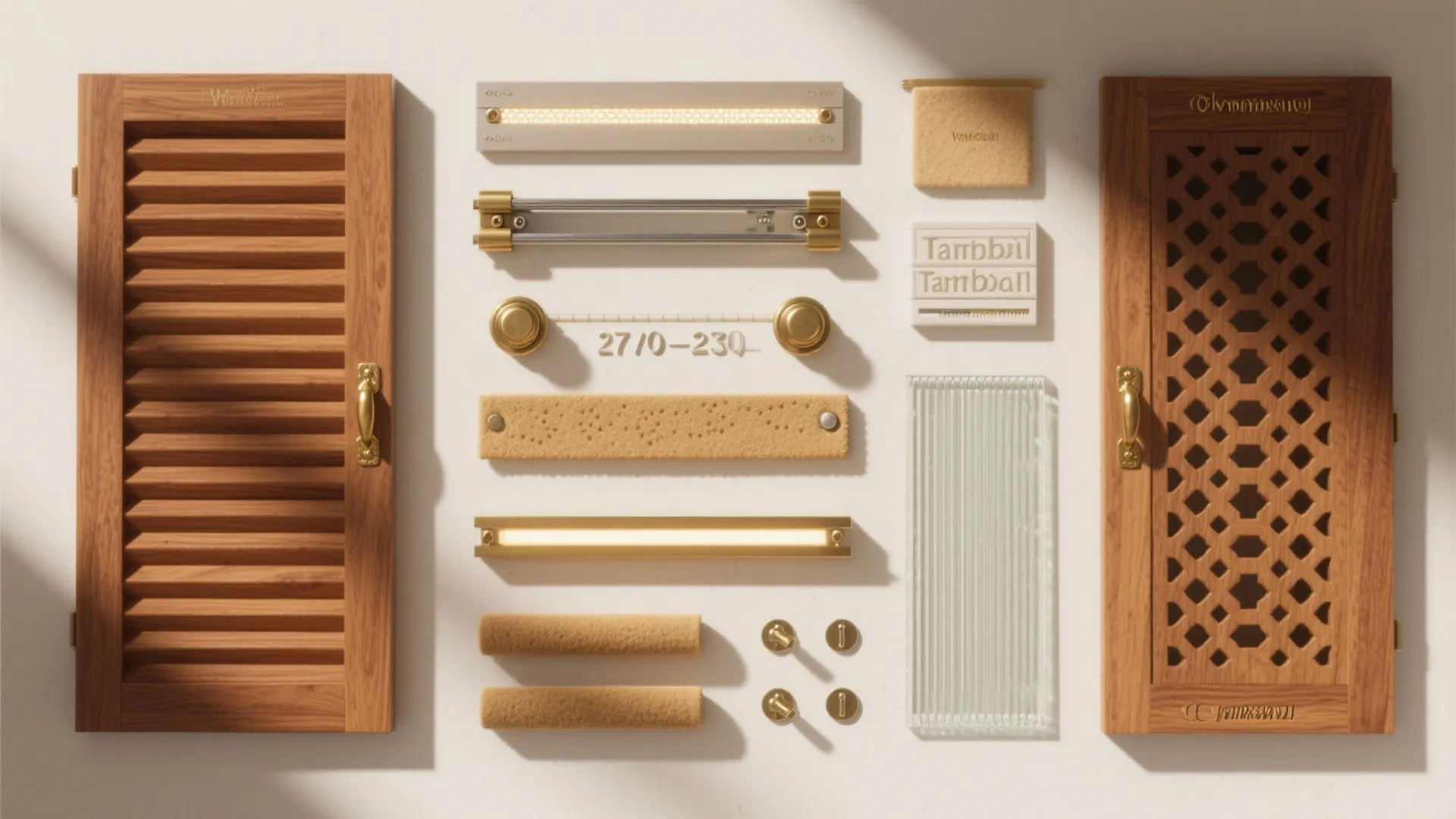 Collection of wooden door panels gold metal handles and various interior design hardware on white