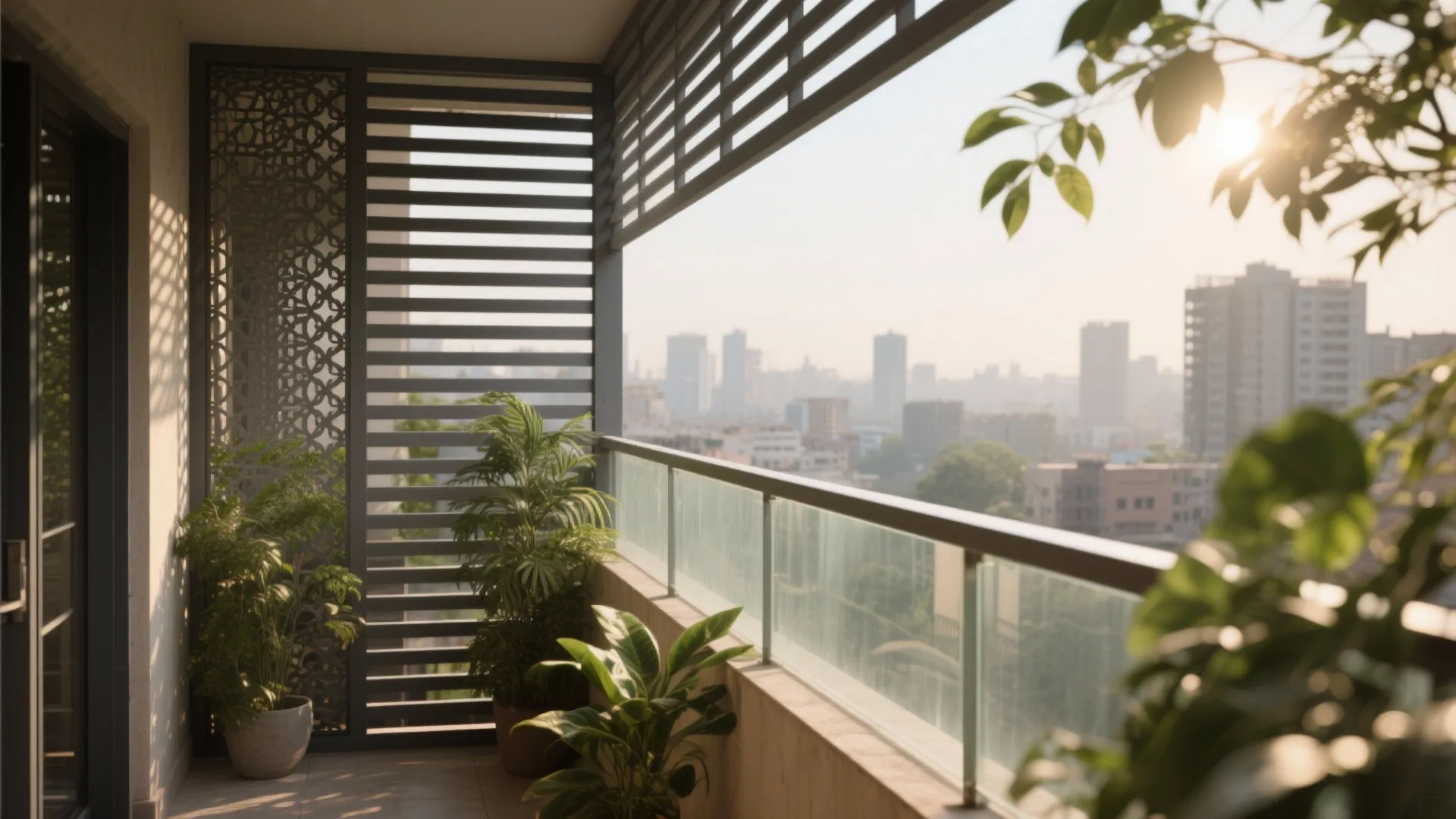 Sunny balcony with decorative wall panels green plants glass railing and city buildings in the background