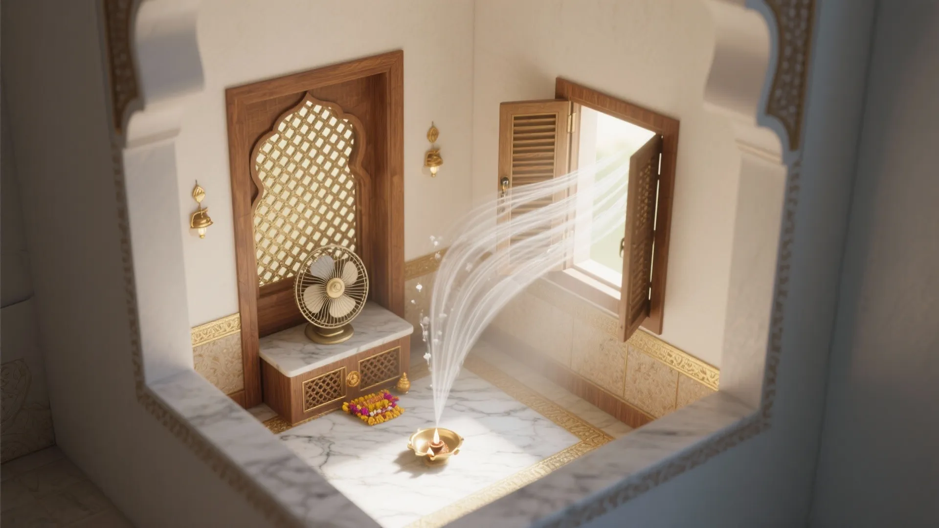 Top-down view of a pooja niche with a small fan behind a jali and an opposite vent, airflow diffused into micro-jets around the altar.