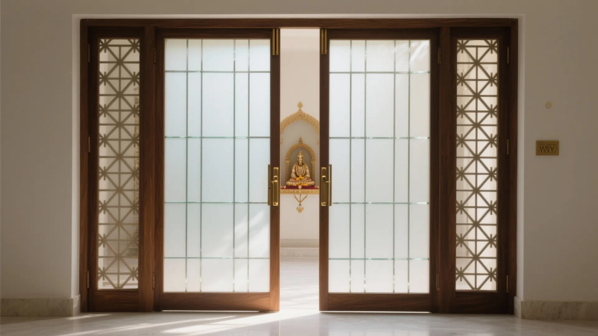 Large wooden double doors with frosted glass panels and grid patterns opening into a bright room