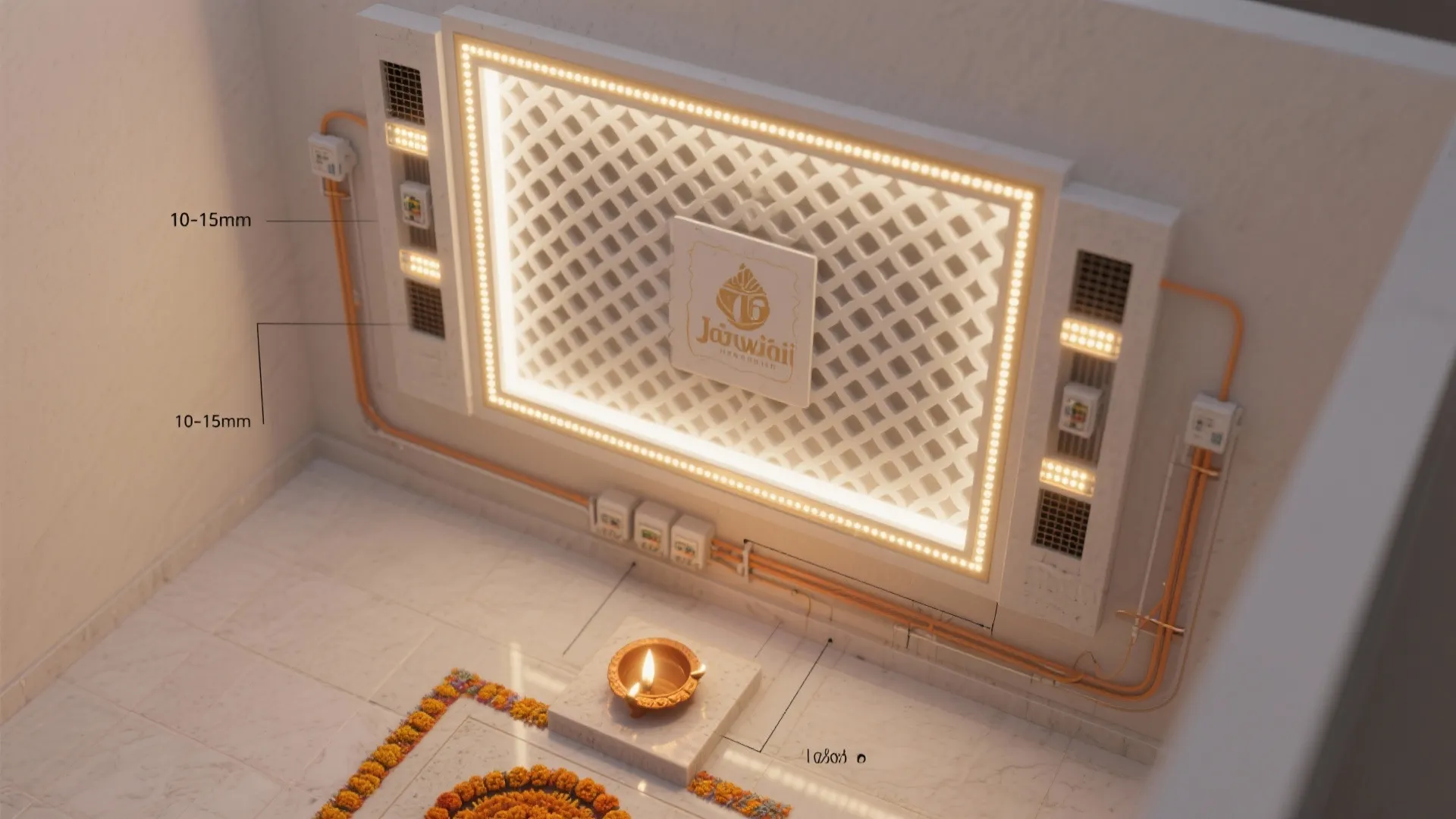 Top-down visualization of jali backlight assembly with air gap, vents, and LED layout.