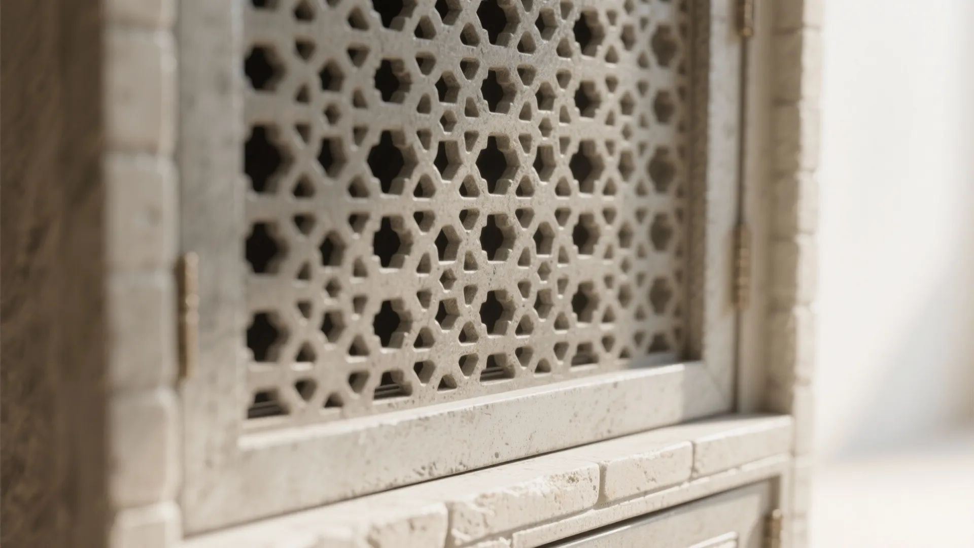 Macro of fine perforated jali ventilation panel with subtle texture and neutral tones on a cemented wardrobe.