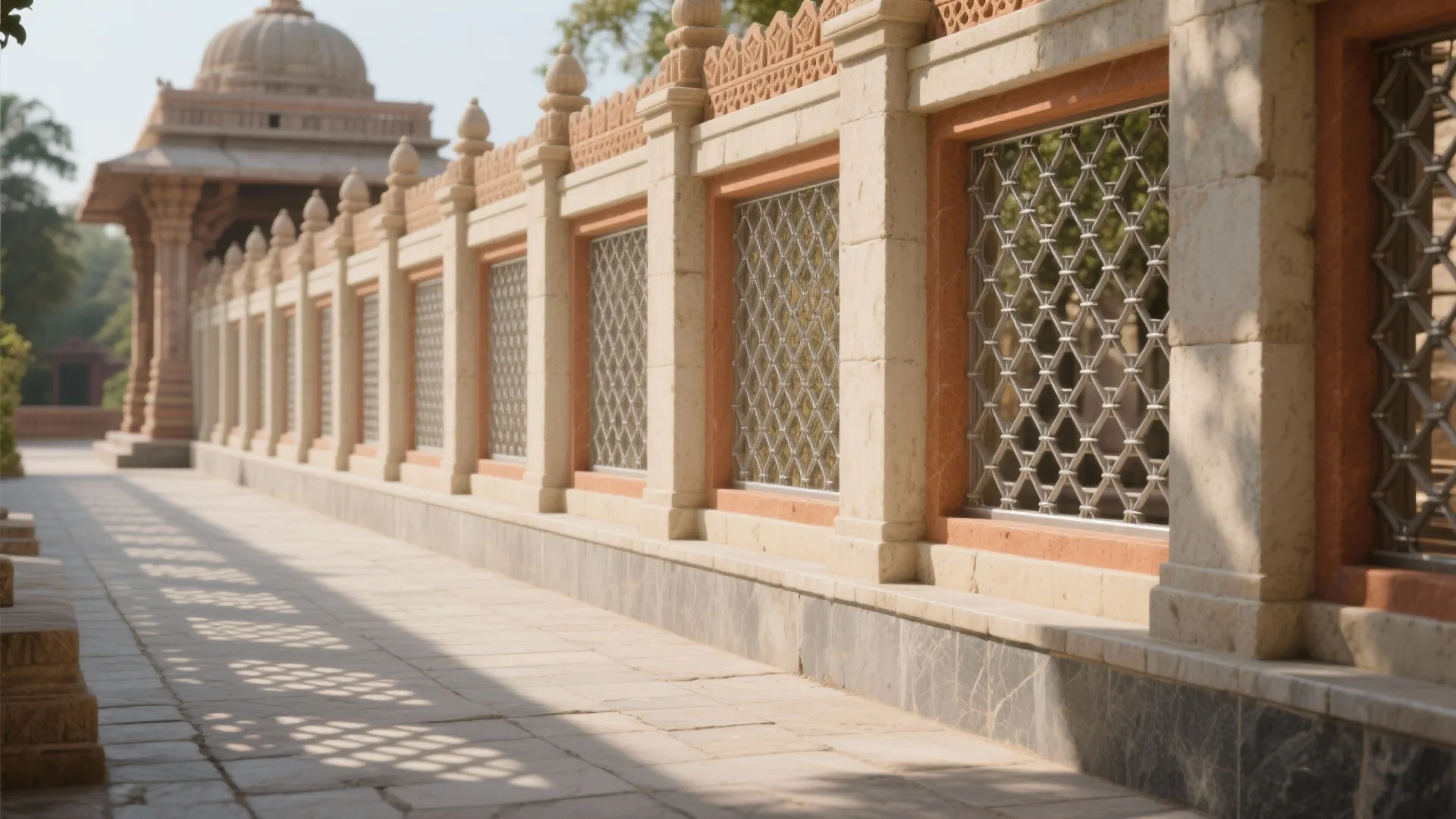 Long outdoor stone wall with decorative metal window patterns alongside a sunny tiled walking path