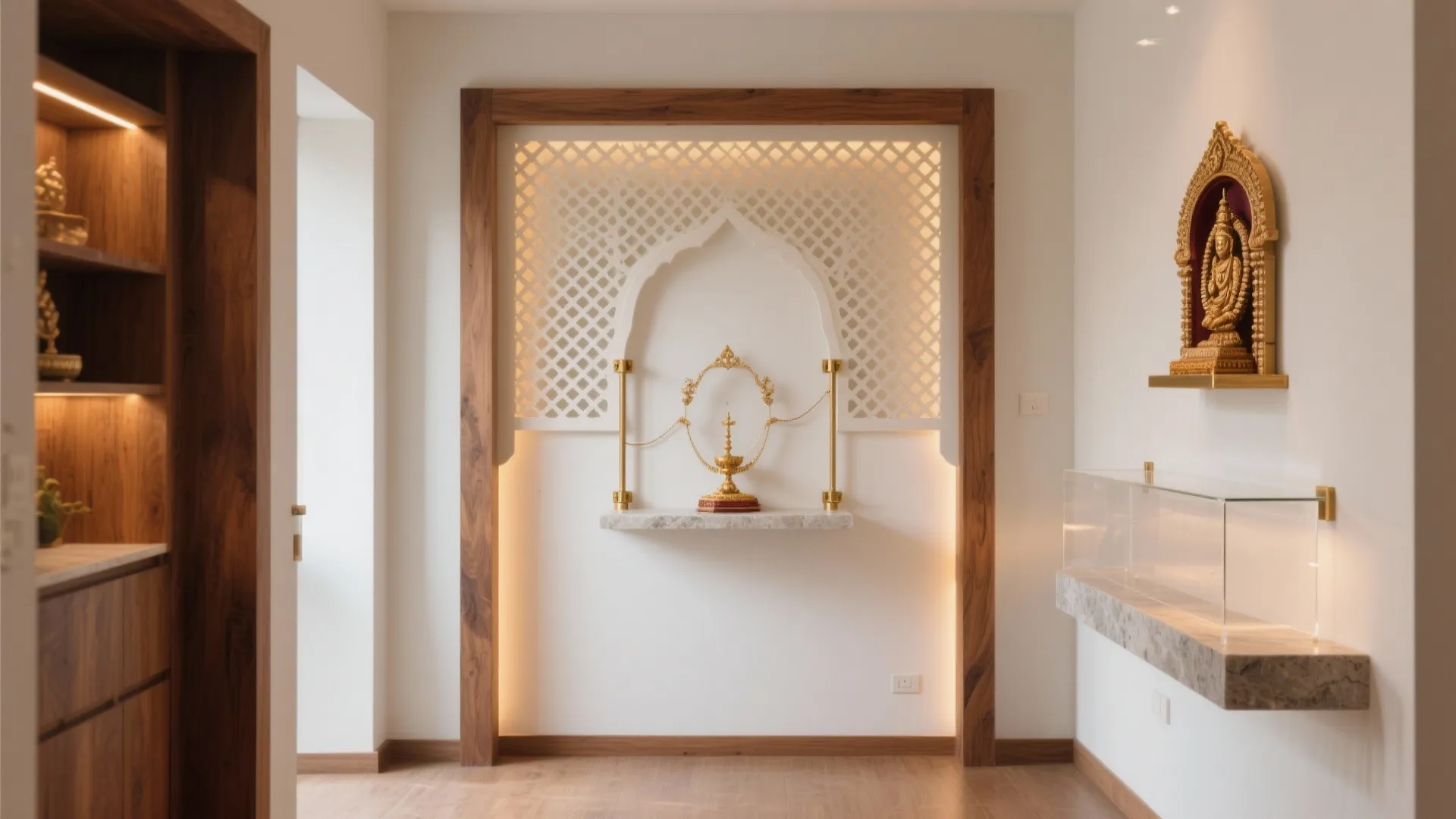 Interior design of a small white wall altar with decorative lattice light and wooden frame borders