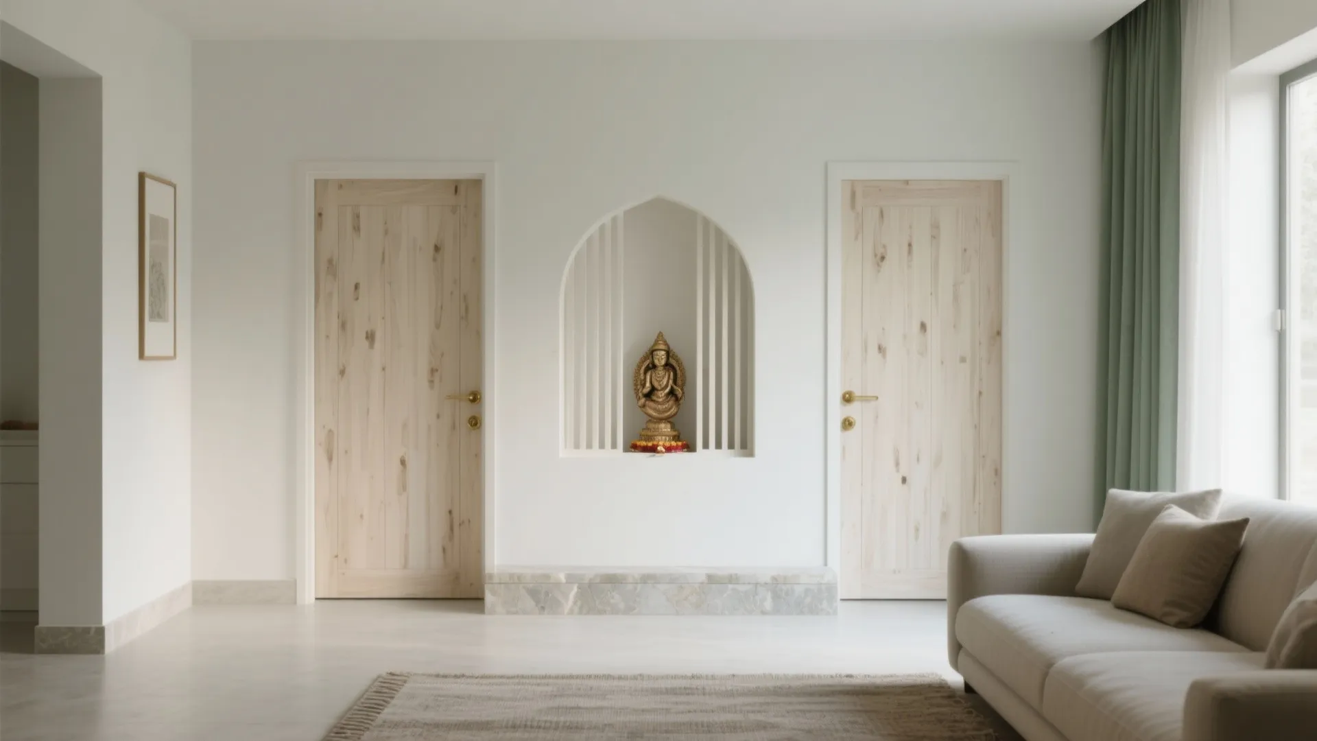 Bright minimalist living room featuring two light wood doors and a central wall prayer niche