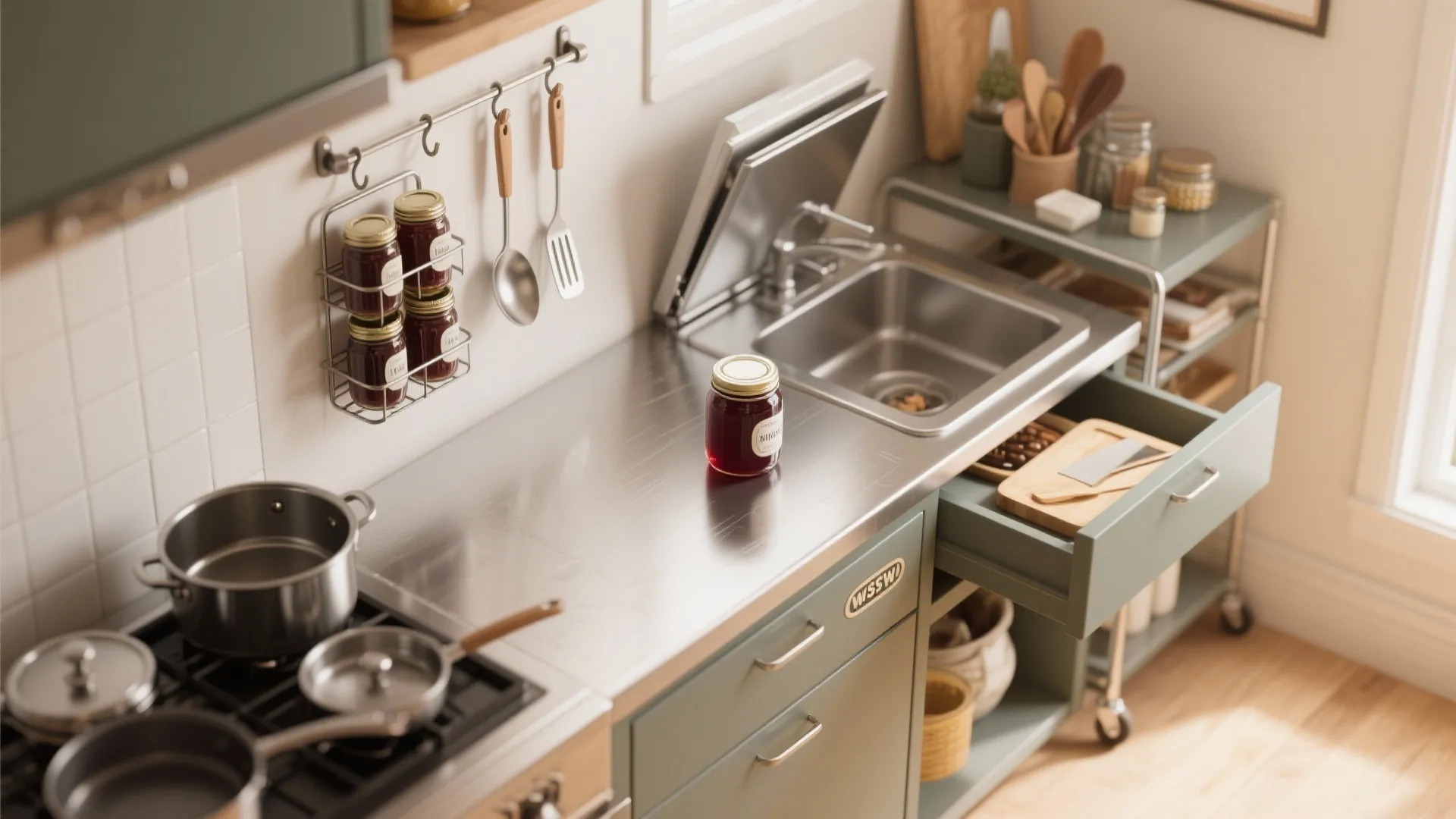 Top-down view of a jam-making station with stainless steel surface, canning rack, jars and utensils in a small kitchen.