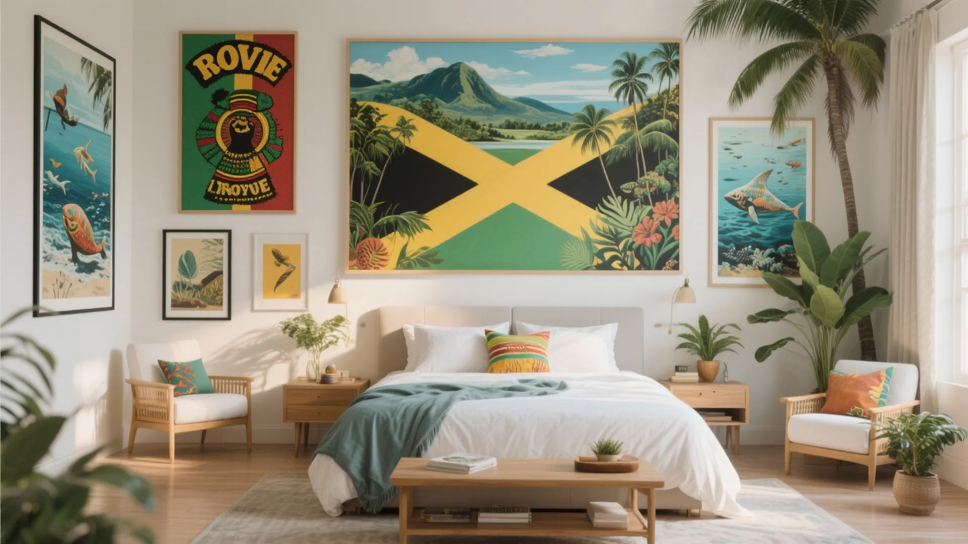 Bright bedroom with white bed wooden furniture green plants and many colorful wall art posters