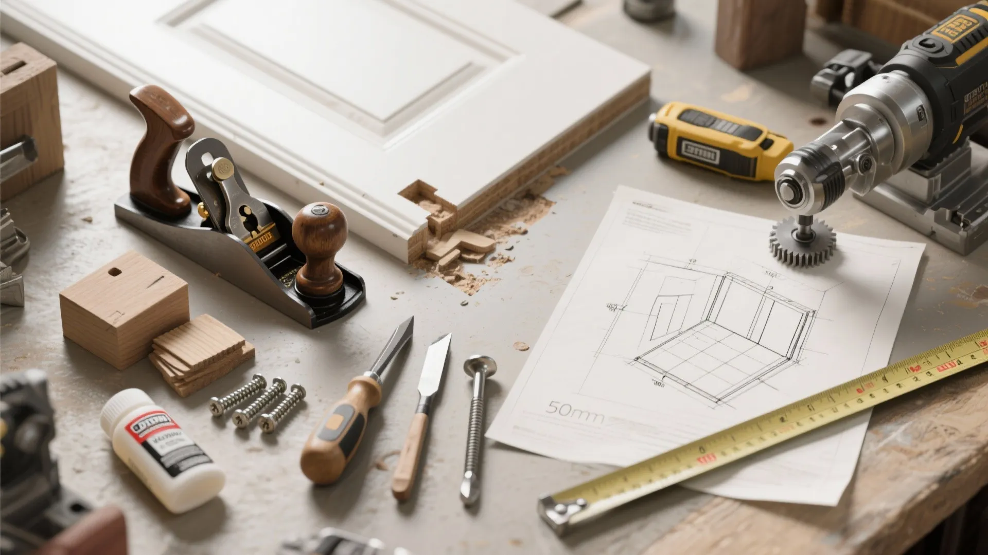 Flatlay of jamb repair essentials including chisels, block plane, shims, glue, screws, and a sketched plan.