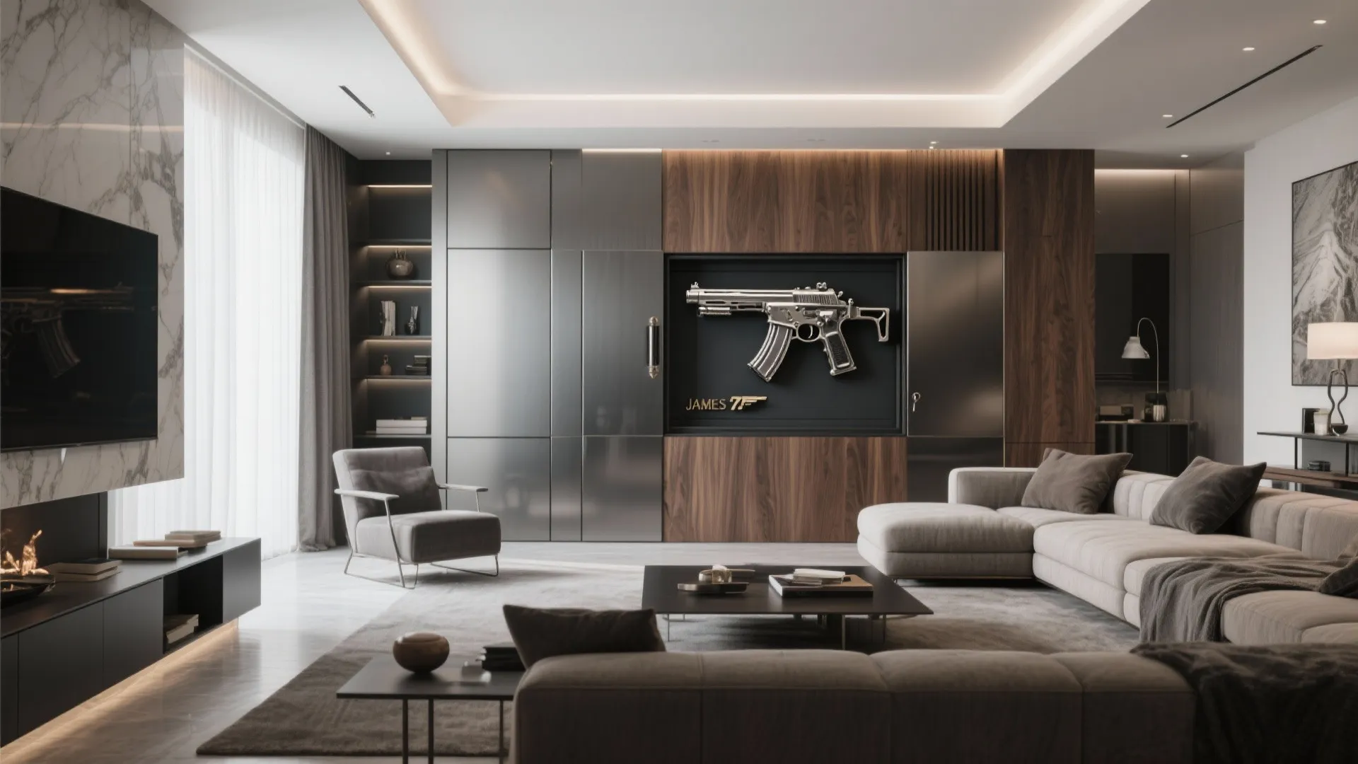 Modern luxury living room featuring a recessed wall display for a gun and comfortable sofa