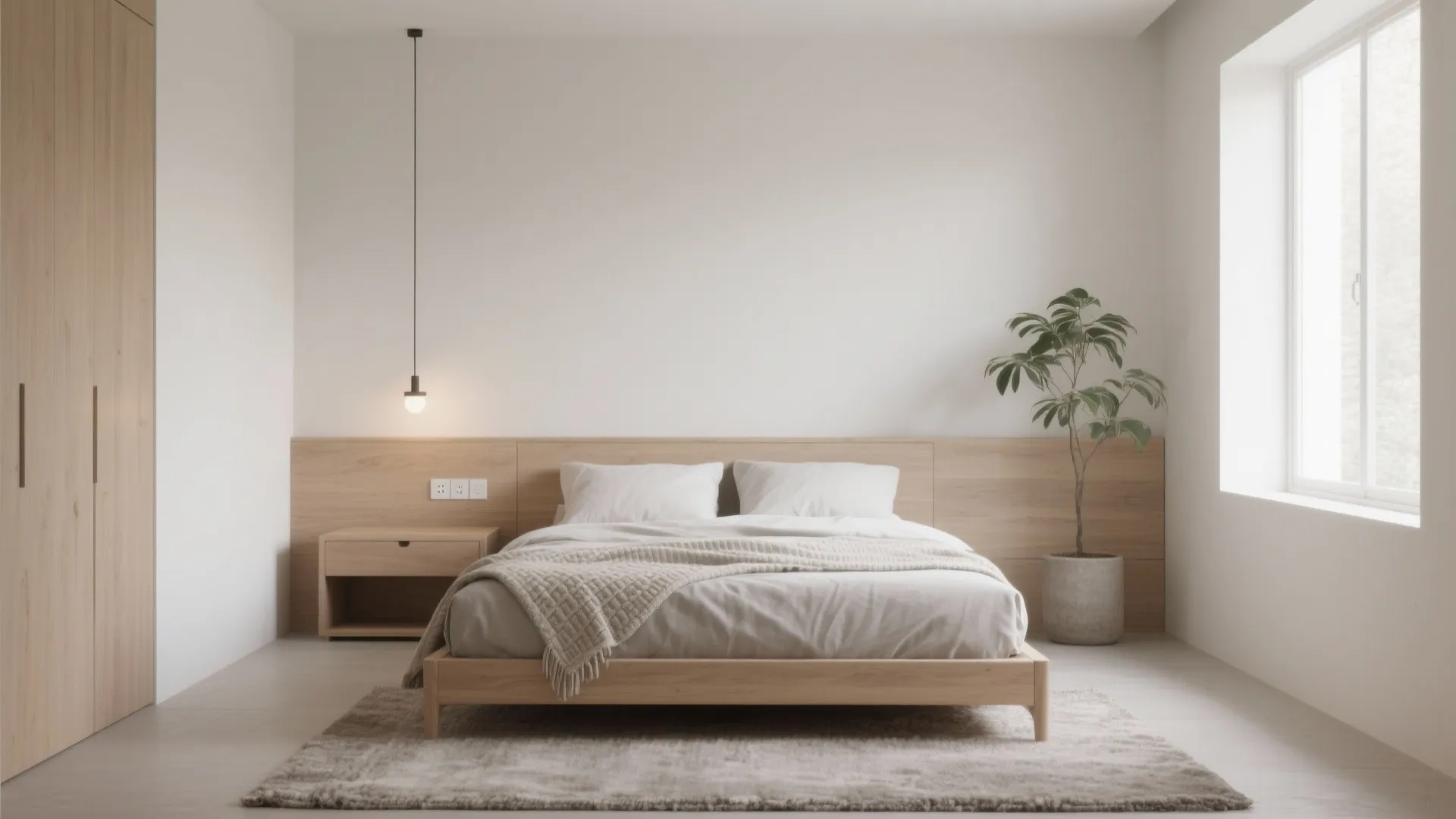 Minimalist Japandi bedroom with wooden bed frame, white bedding, hanging light fixture, and indoor plant