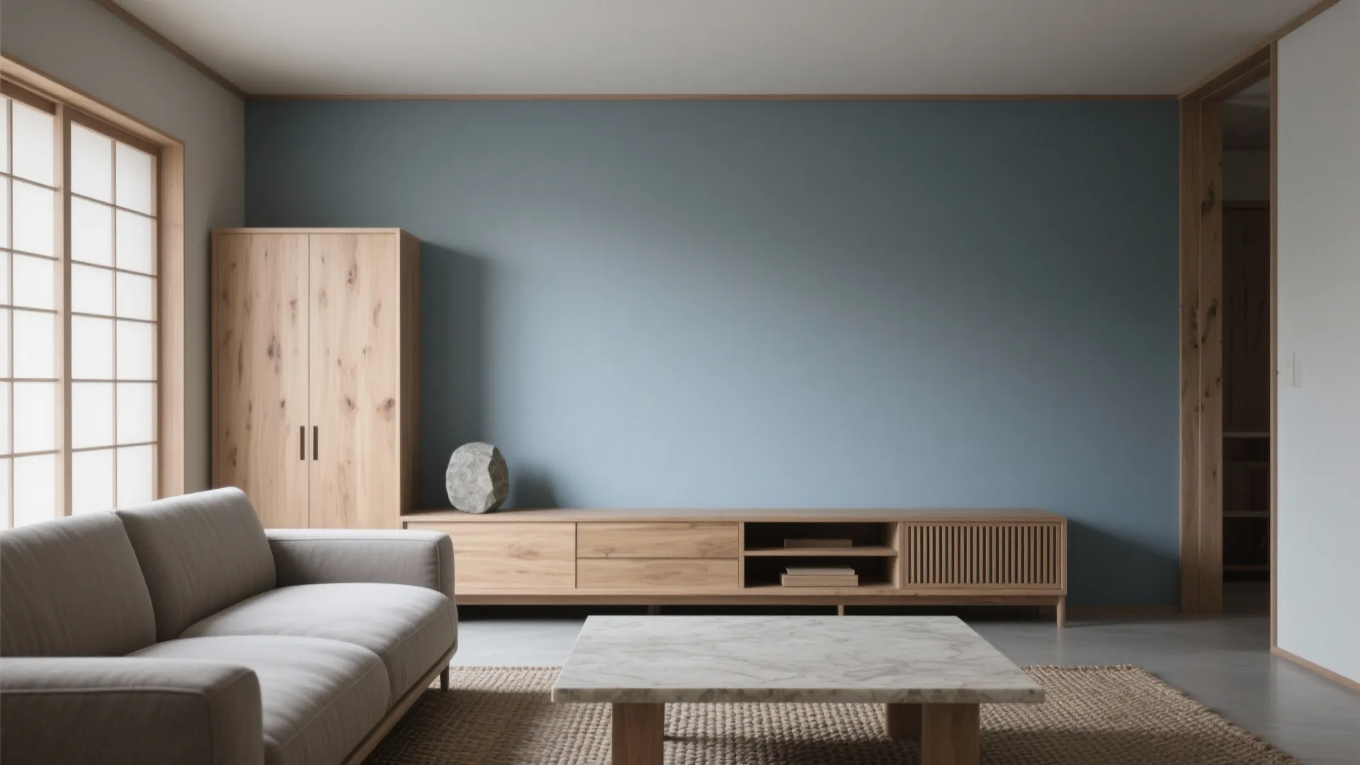 Blue-and-wood Japandi balance