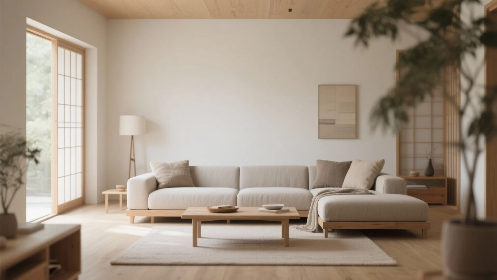 Minimalist japandi living room with light wood floors beige sofa low coffee table and light