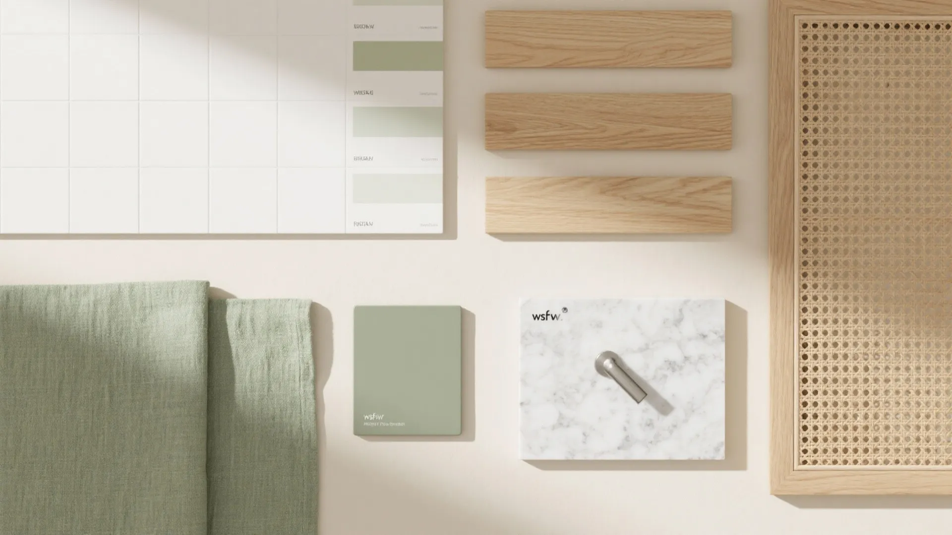 Light, breathable palette: cane, ash wood, and soft whites
