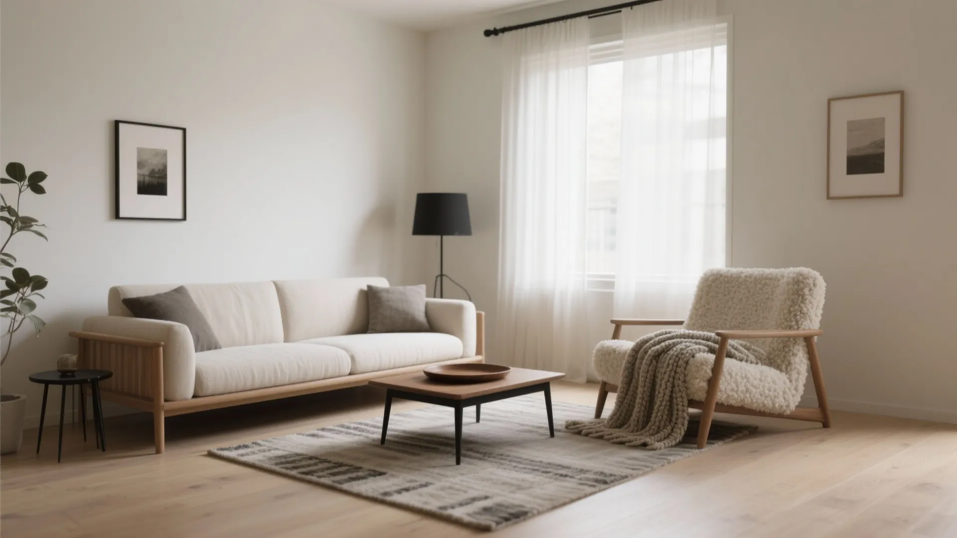 Japandi living room with cream sofa armchair coffee table rug black floor lamp and natural light