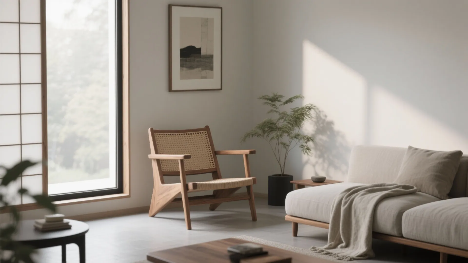 Japandi low-slung wood + paper cord