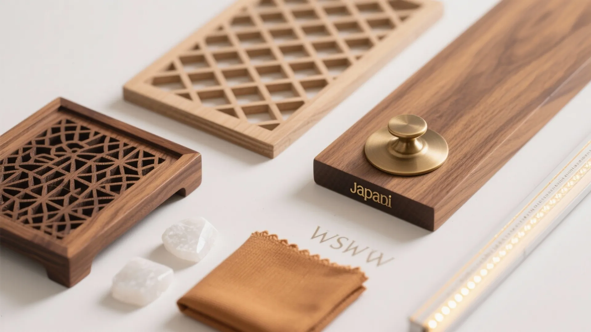 Wooden decor items including a gold handle and carved wood panels on a white surface