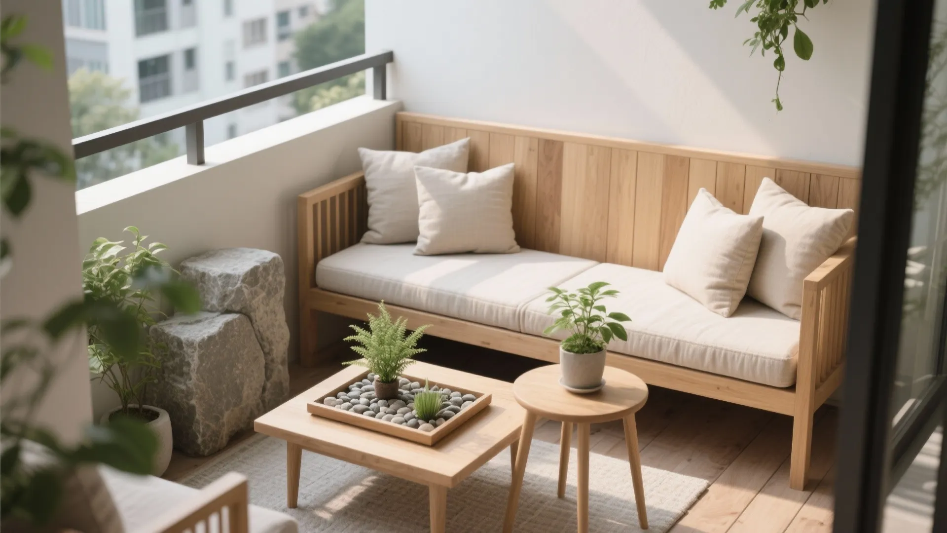 Minimalist wooden sofa with cream cushions on a balcony featuring small coffee tables and potted plants