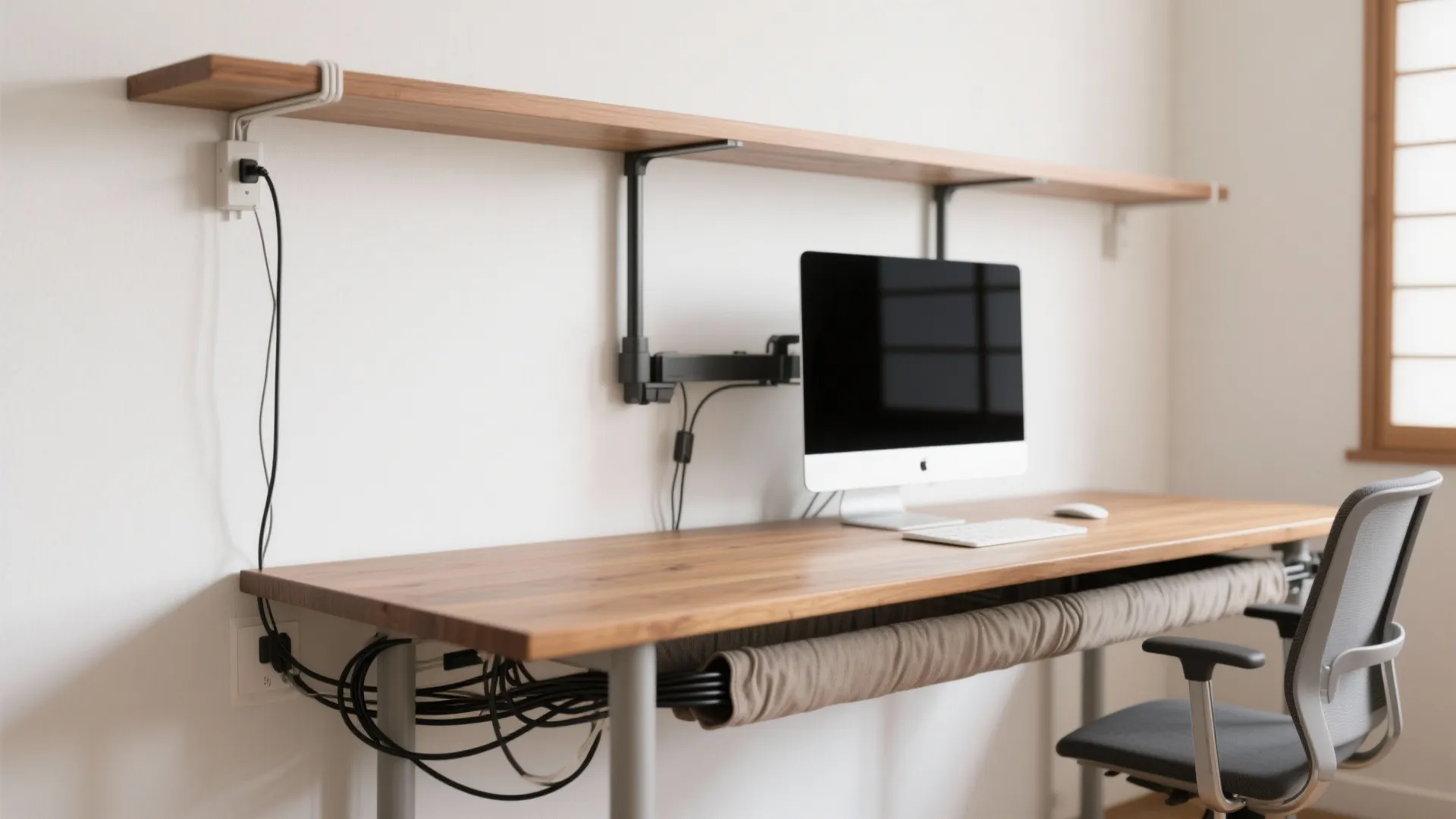 Tips 2: 90cm幅デスク＋壁寄せで配線露出を最小化（収納技巧 × 動線規画）