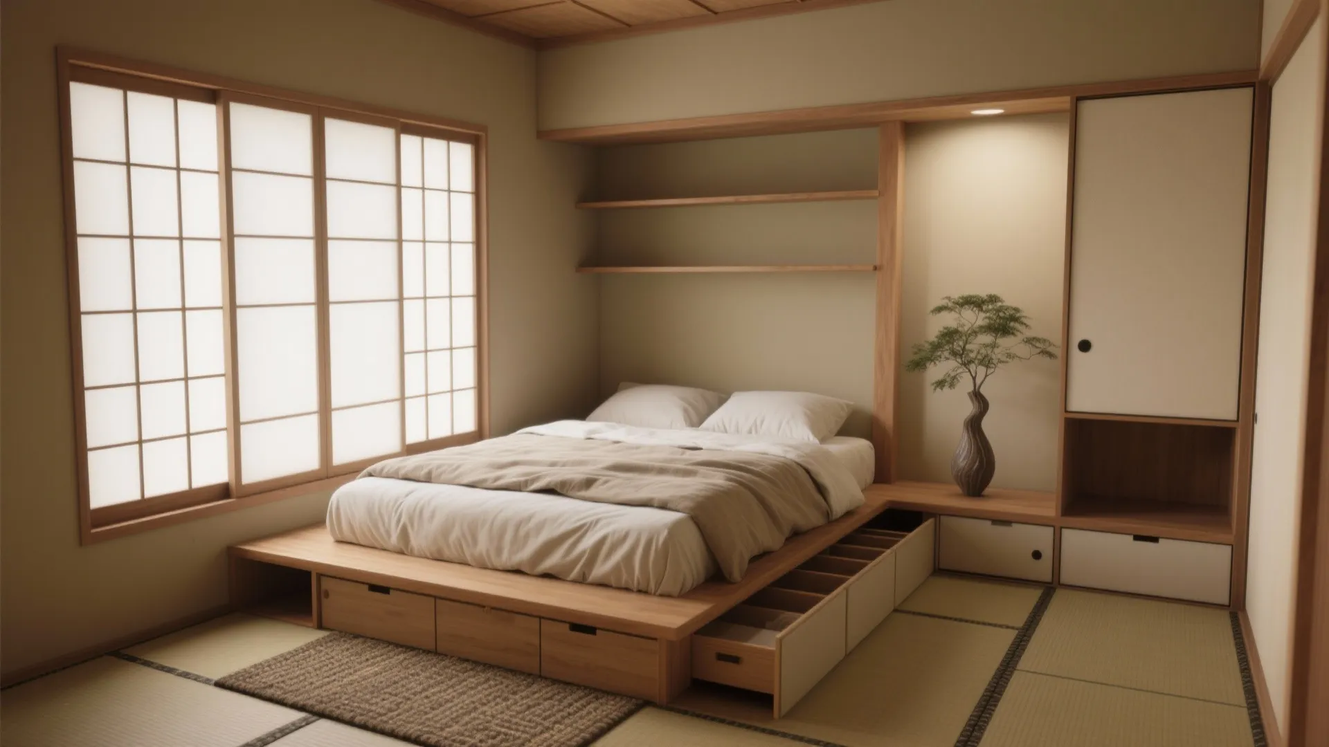 Japanese style bedroom with wooden bed frame including storage drawers and traditional paper window panels