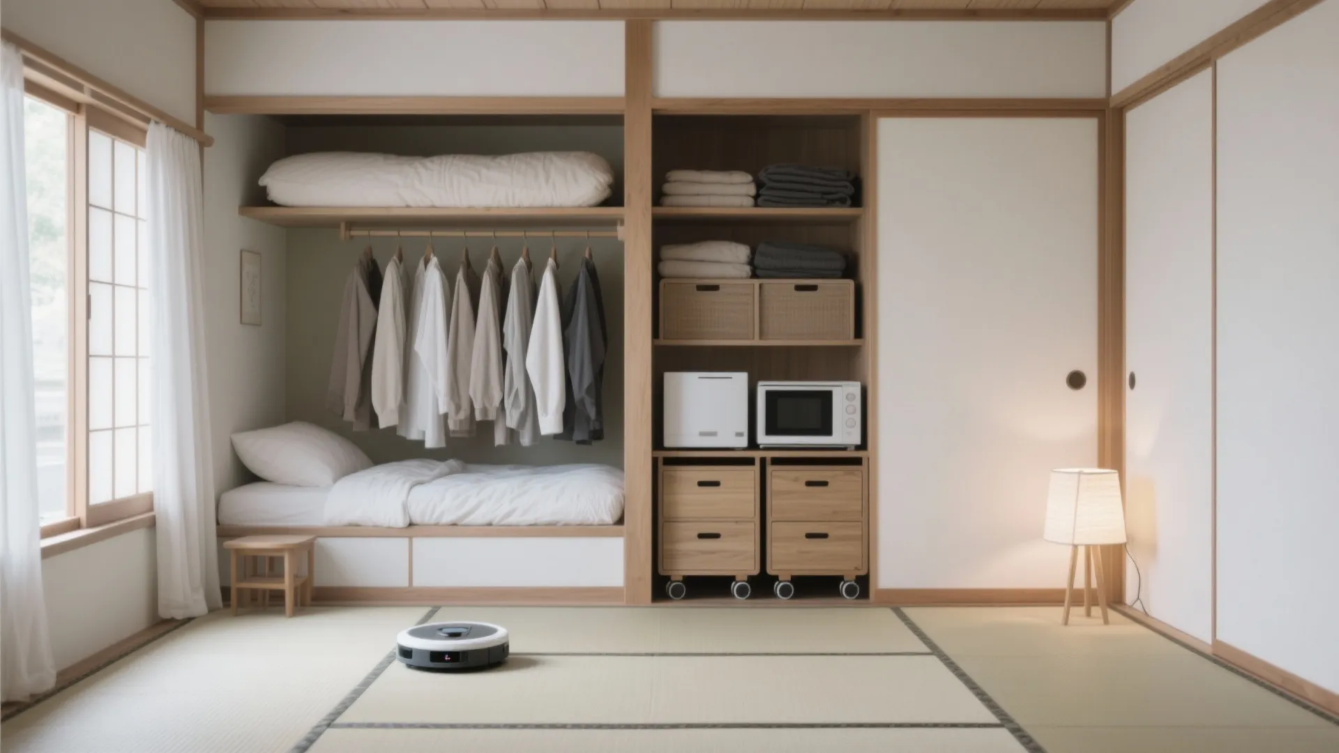 Tips 4: 寝室は“布団＋スタッキング”で季節対応（日式風格＋収納技巧）