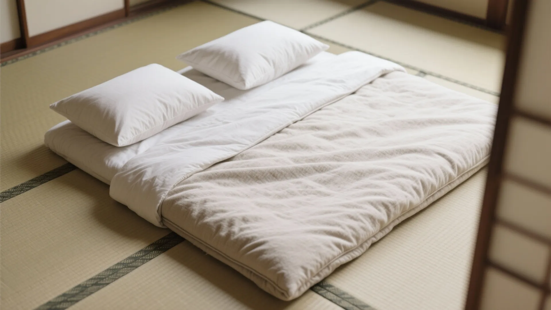 Neatly folded Japanese futon bedding on tatami mat in minimalist style