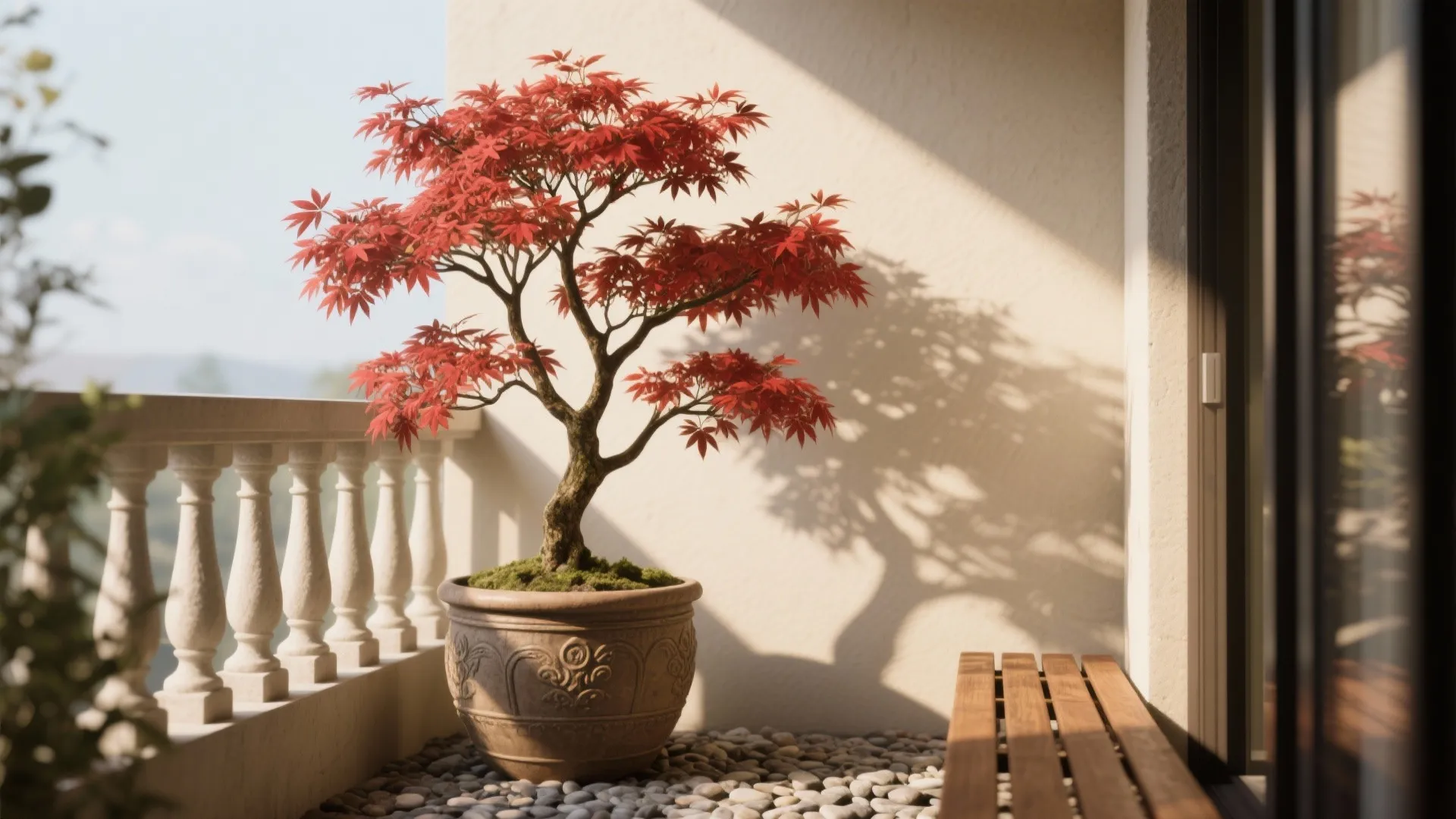Red maple tree in large pot on a balcony with stone railing and pebble floor tiles