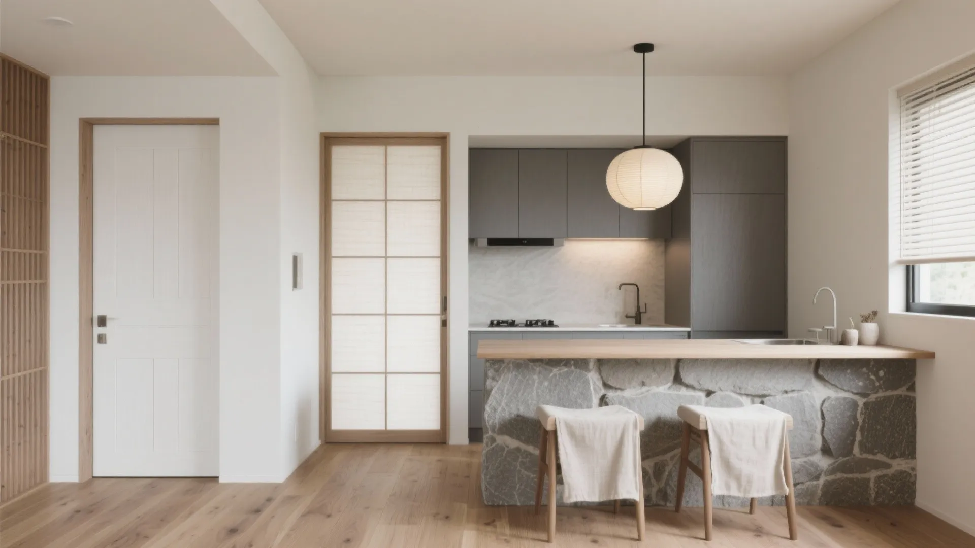 日式の素材と色で“軽さ”をつくる：白木・布・石のミックス