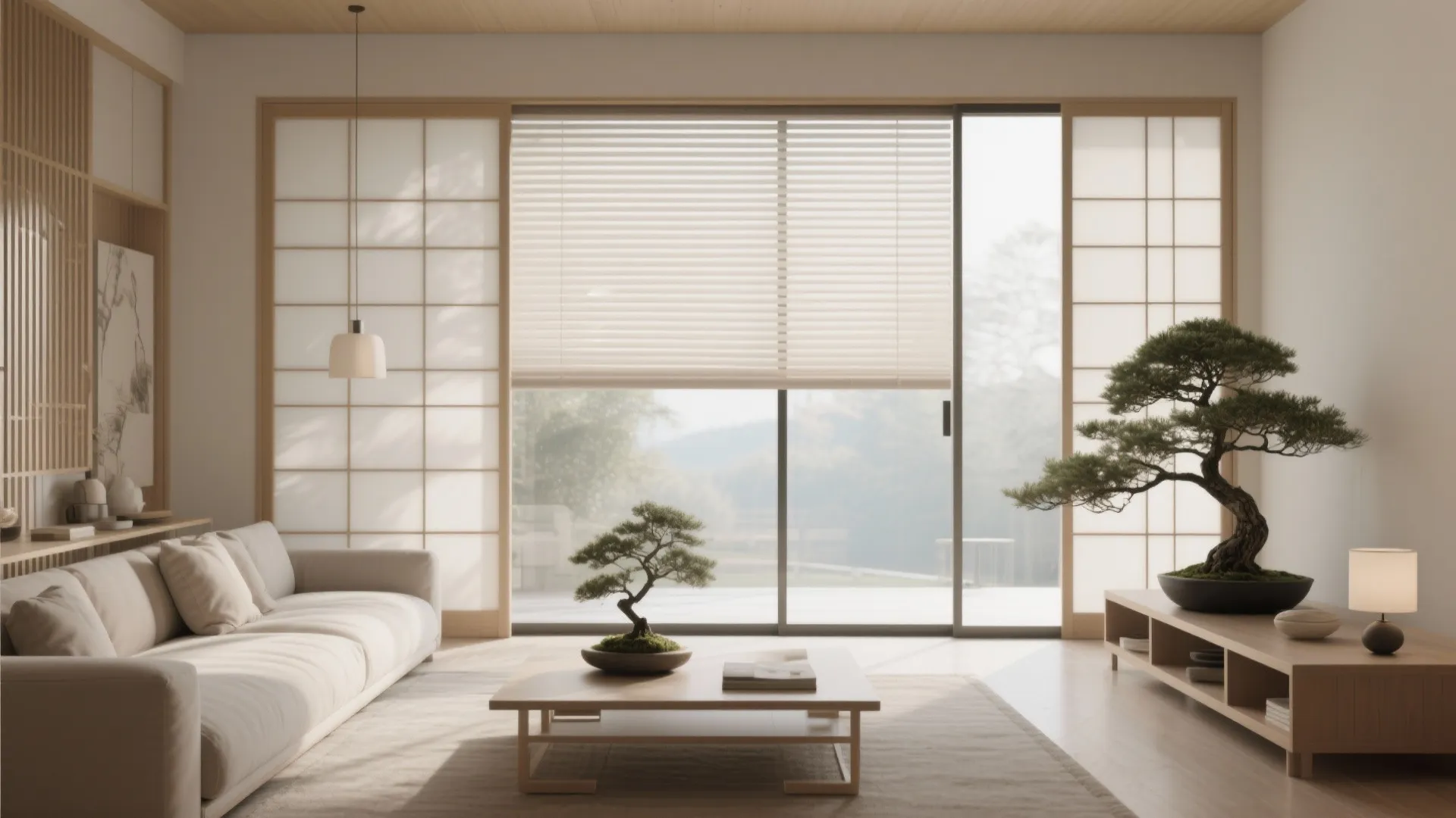Modern Zen living room with Japanese panel blinds across large windows