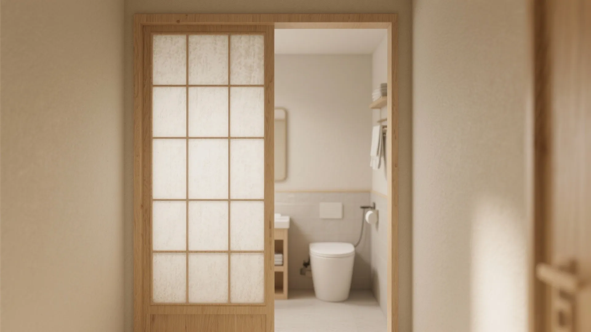 Japanese style sliding bathroom door with wood frame and white paper panels in minimalist room
