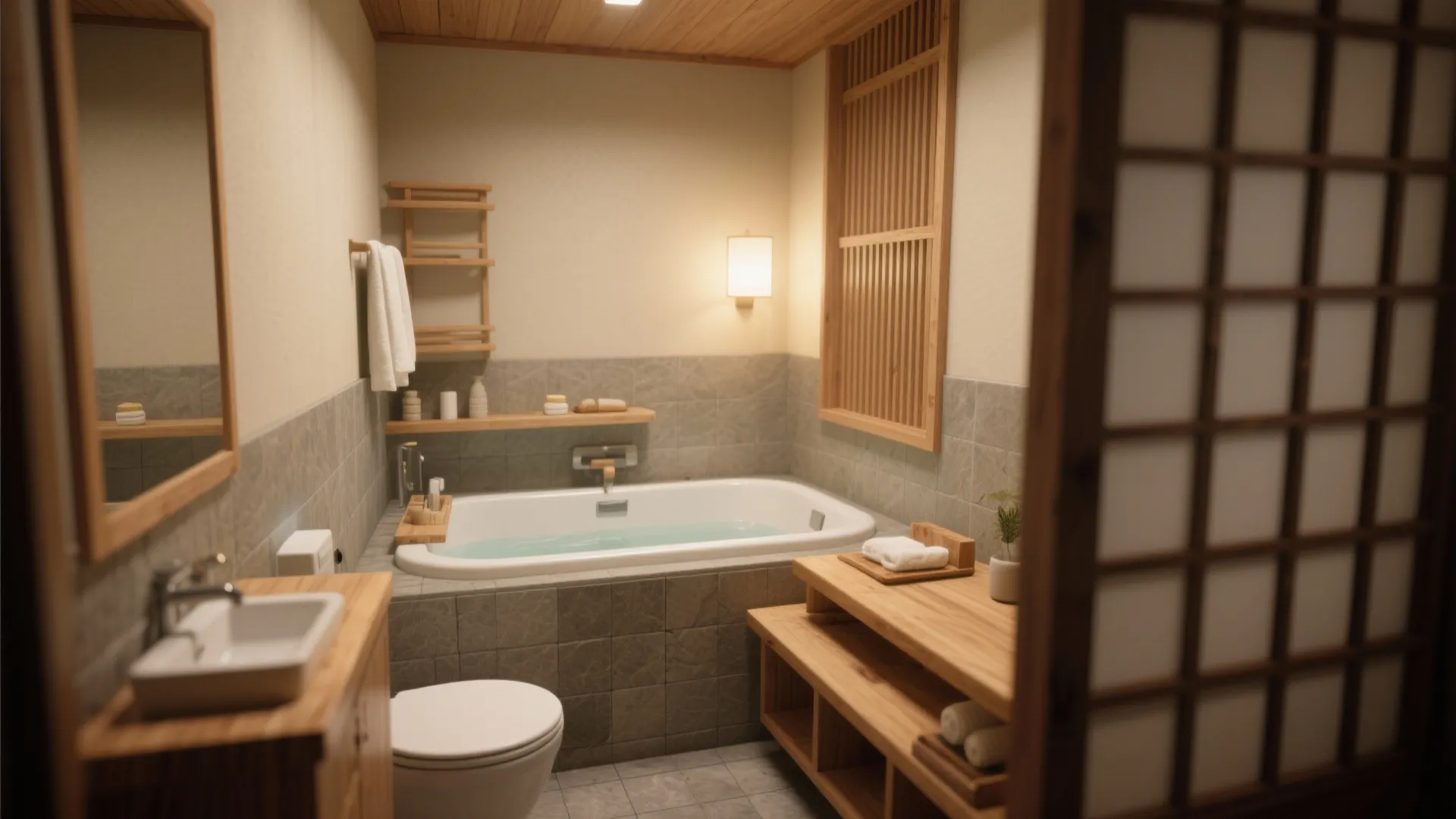 Japanese soaking tub with natural wood and spa ambiance