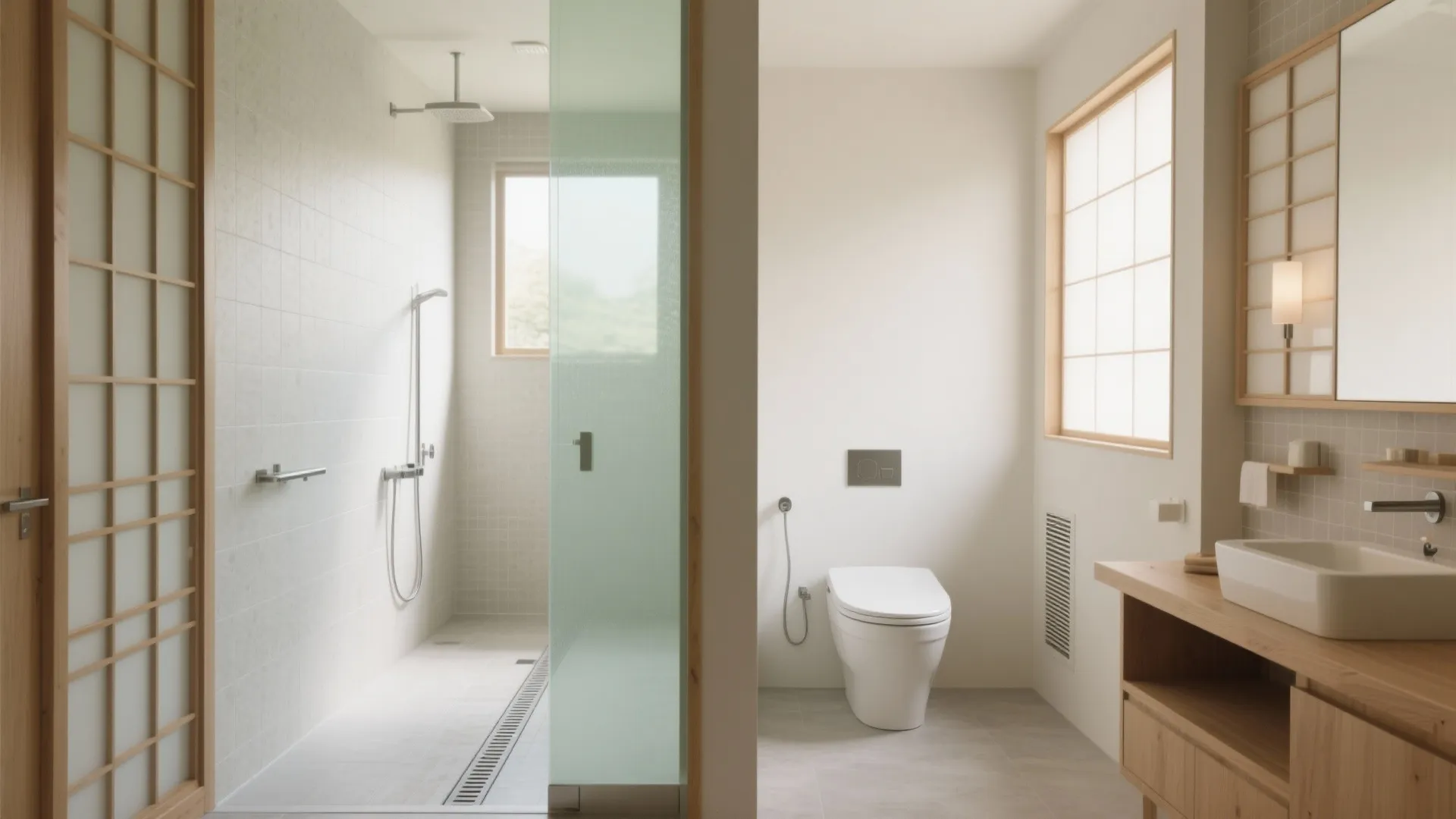 Modern Japanese bathroom with walk-in shower white tiles glass door toilet wooden vanity and white sink