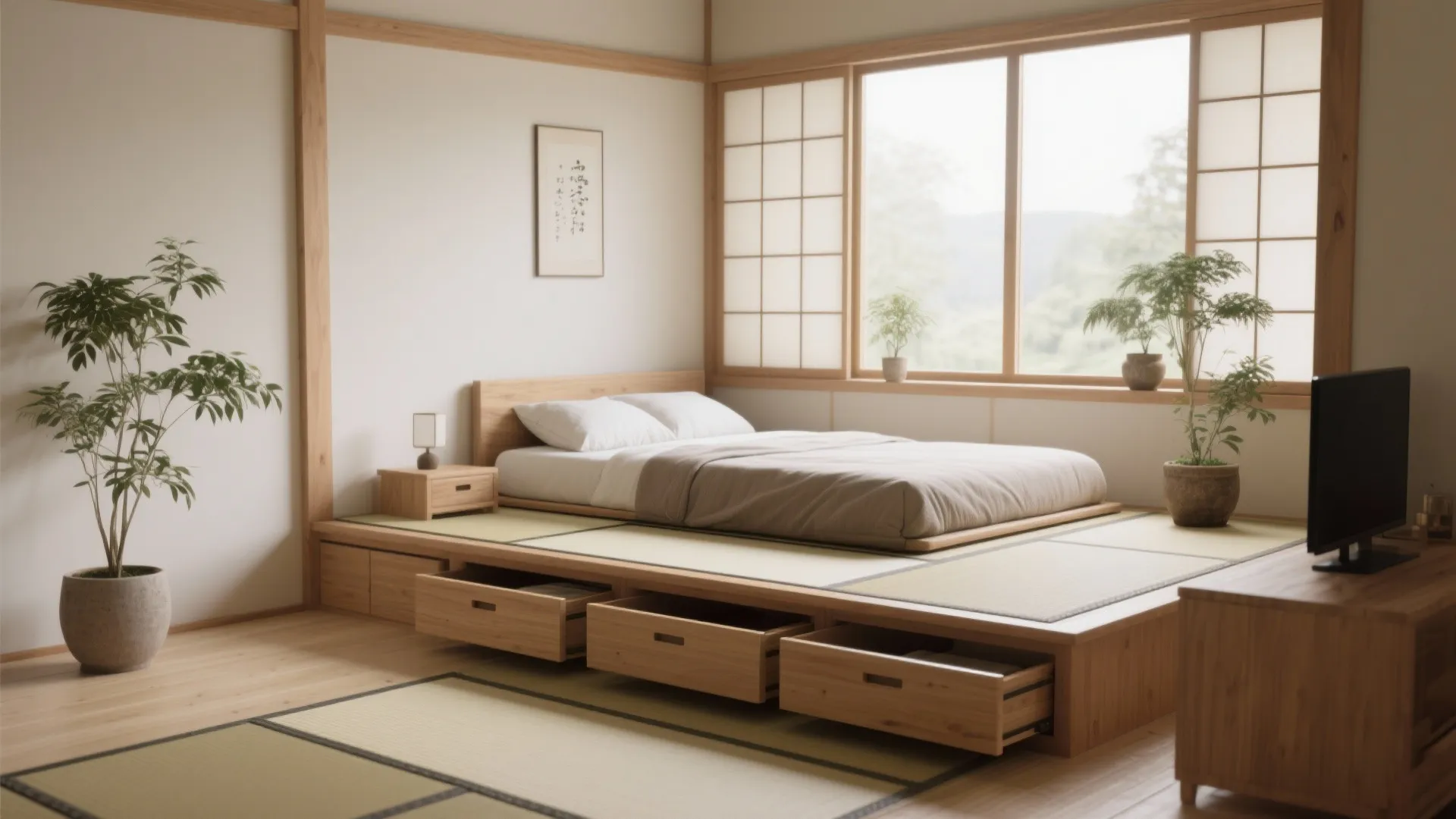 Japanese style bedroom with wooden floor mats and bed frame featuring storage drawers and plants