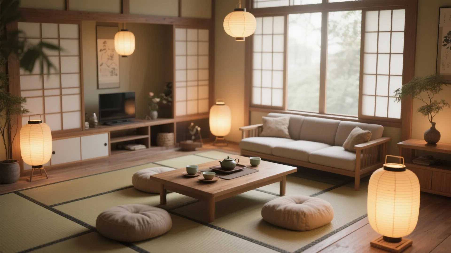 Japanese style living room with floor mats wooden coffee table round cushions and warm paper lanterns