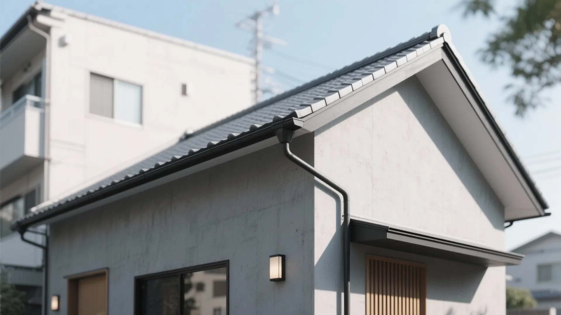 Tips 4: 屋根形状は“片流れ＋薄庇”でミニマルに（日本都市×日式风格）