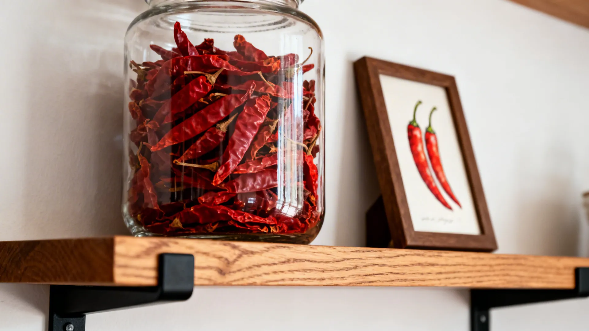 Close-up of dried red chilies in a glass jar beside a framed chili sketch on an oak shelf.