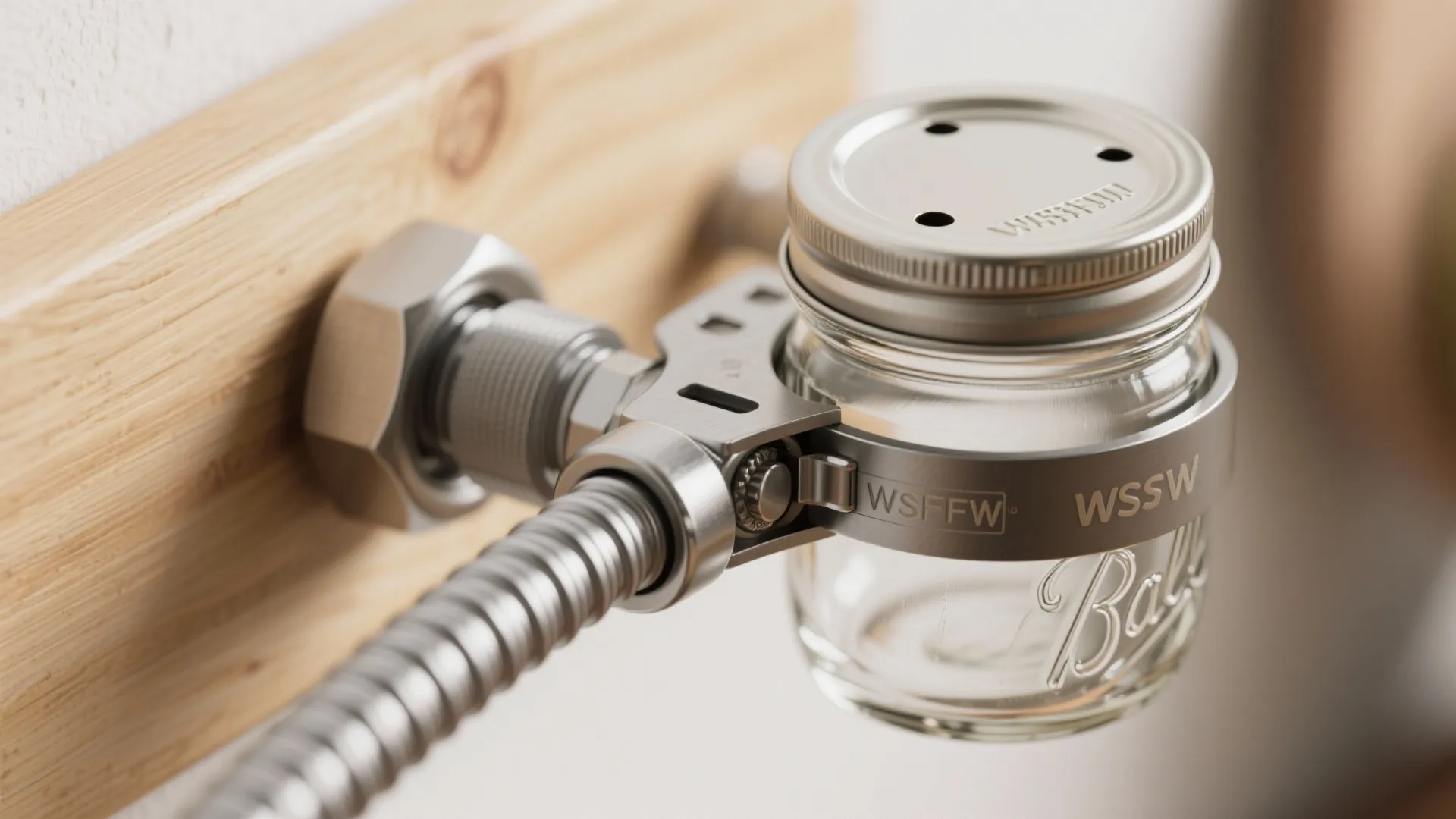 Small glass jar held by a metal bracket attached to a flexible pipe on wooden wall