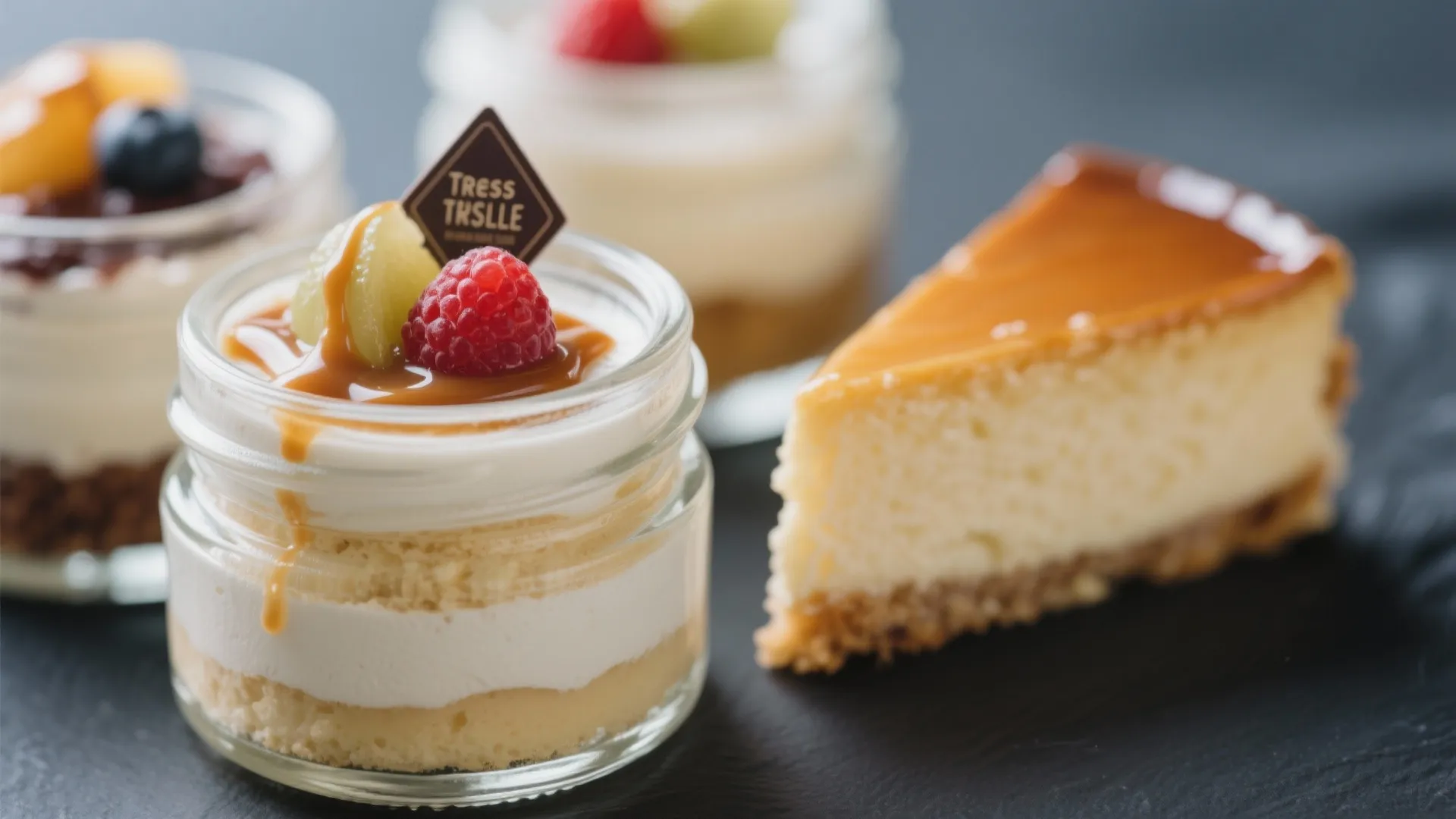 Creamy jar dessert with raspberry and caramel sauce next to a slice of golden cheesecake
