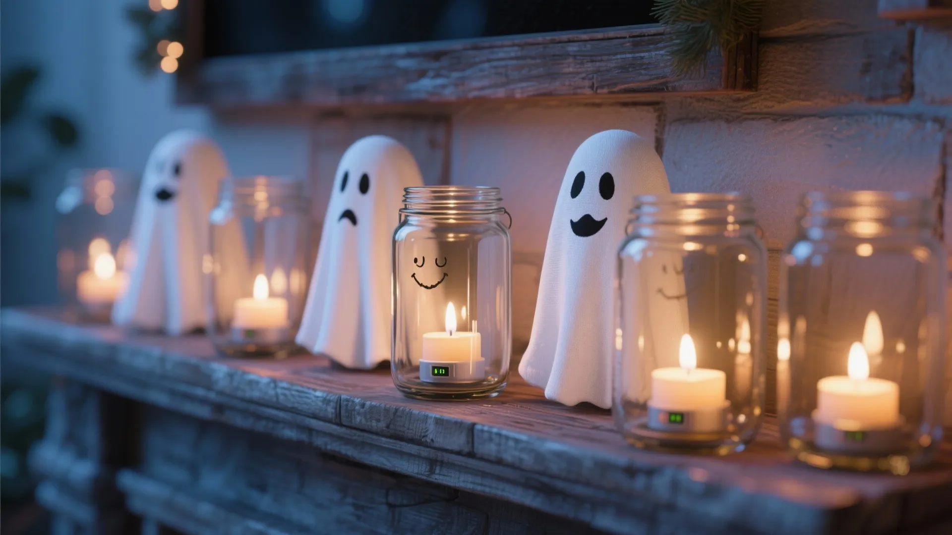 Decorative white ghosts and glass jars holding small lit candles on a dark wooden shelf