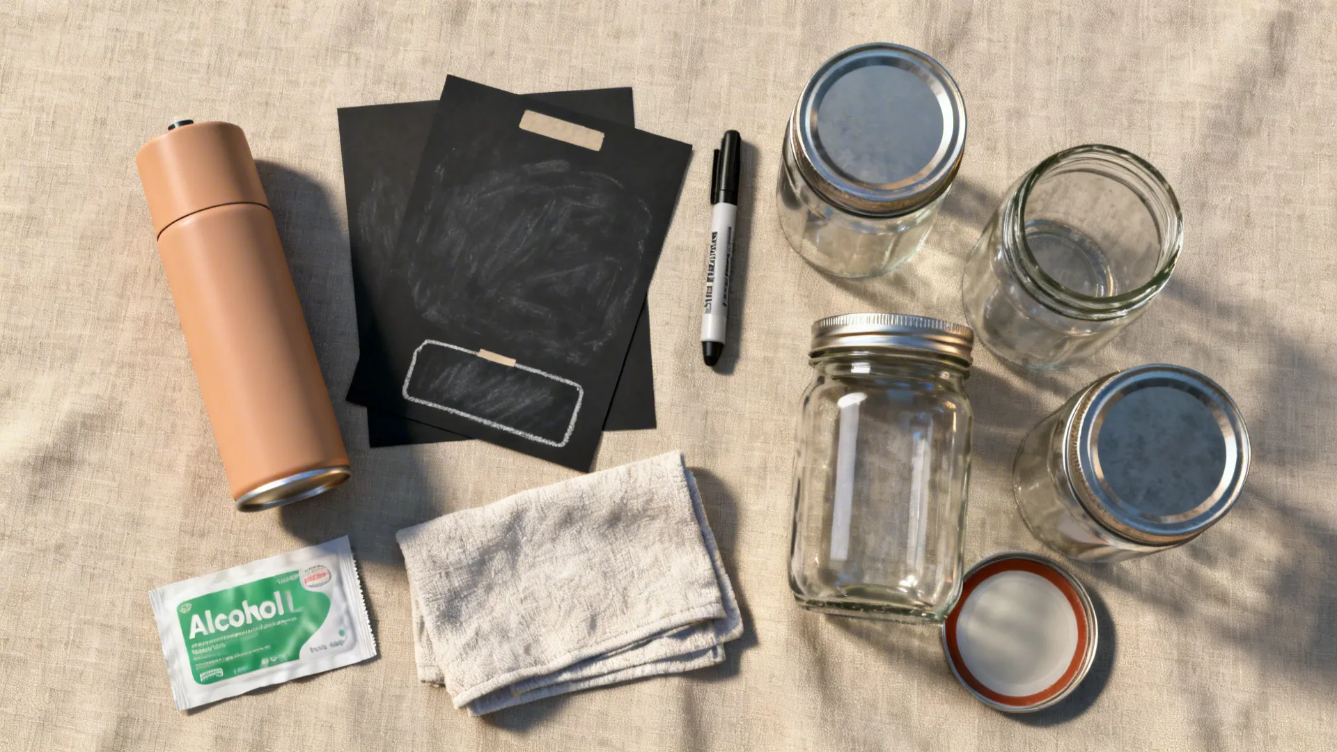 Top-down view of spray paint, chalk labels, marker, and glass jars on linen.