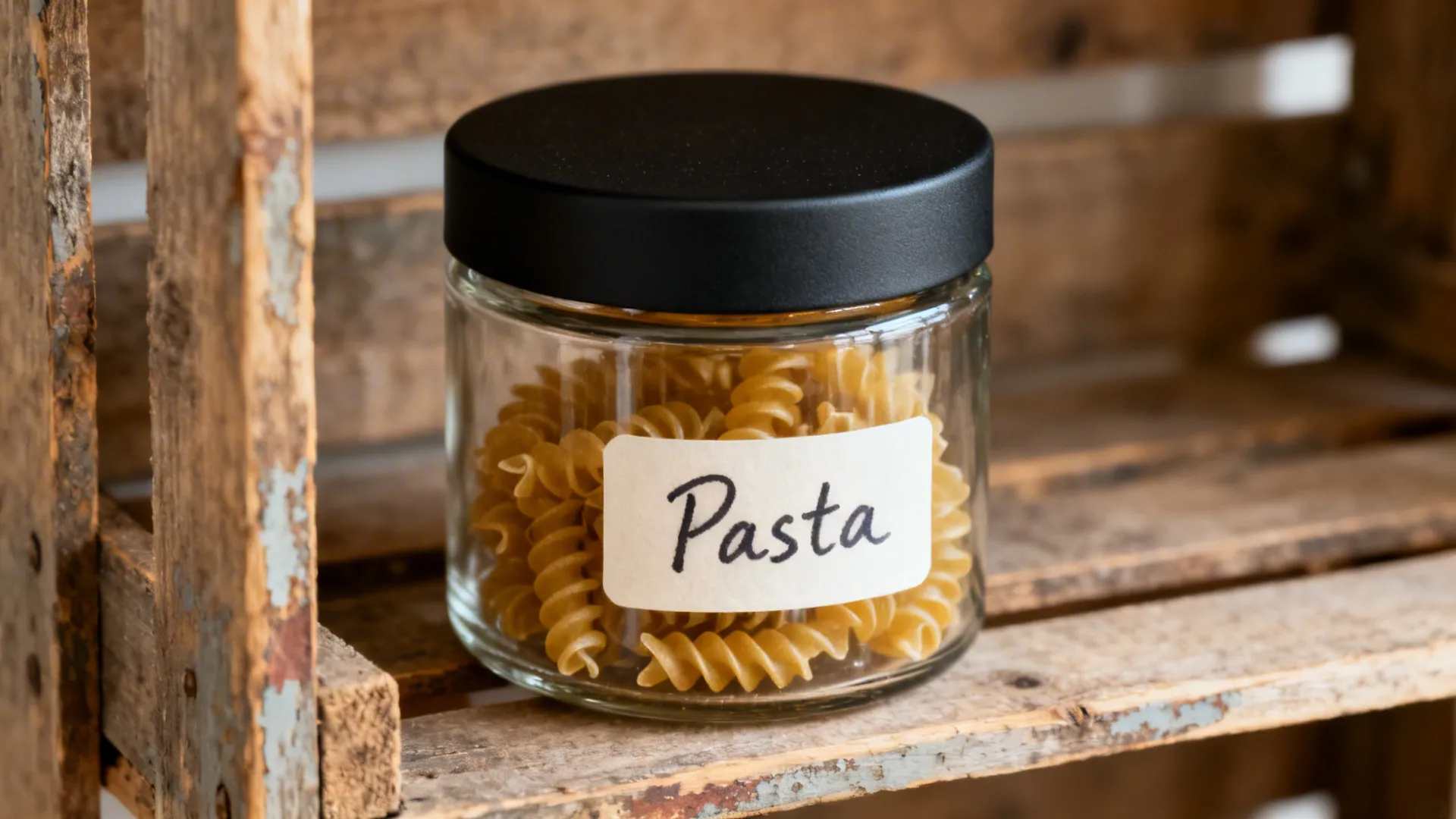 Macro of a labeled clear jar with matte black lid resting on a patinated wooden crate.