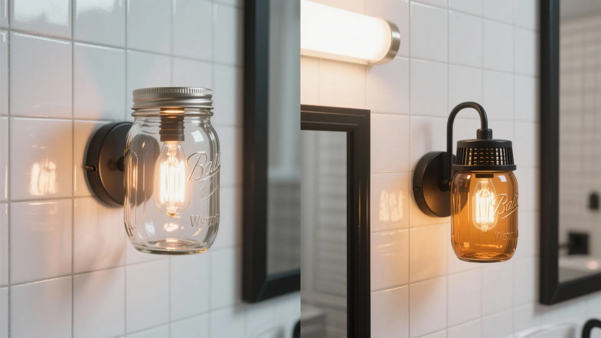 Two wall lights made from glass jars mounted on white tiled walls next to black mirrors