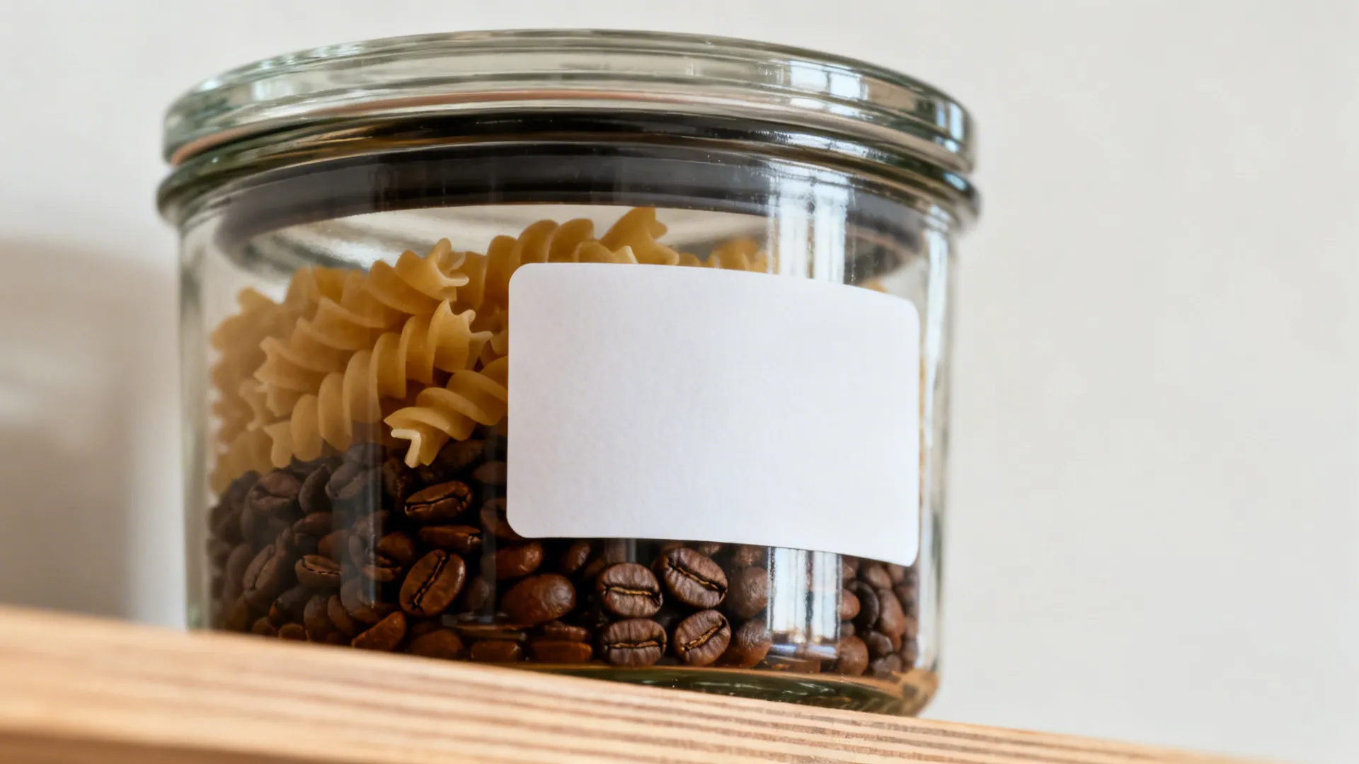 Macro of a clear airtight jar with a tight-seal lid and clean label on a wood shelf.
